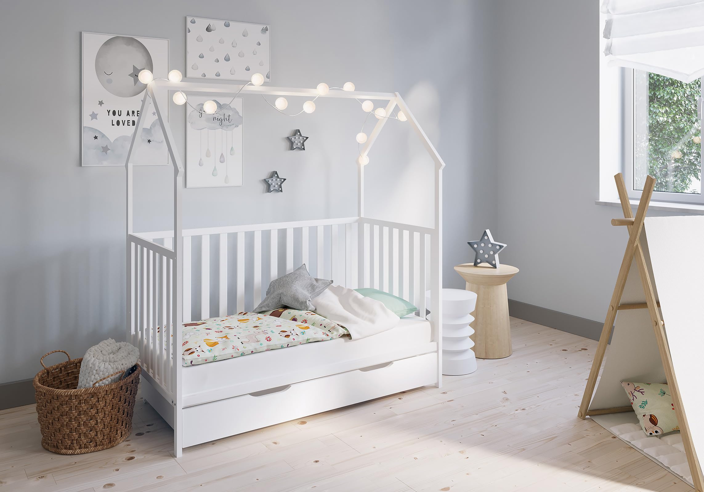 FabiMax Kinderbett Hausbett Schlafmütze mit Schublade, Weiß lackiert, 140x70 cm, aus massivem Kiefernholz (Keine Matratze, Mit Schublade)