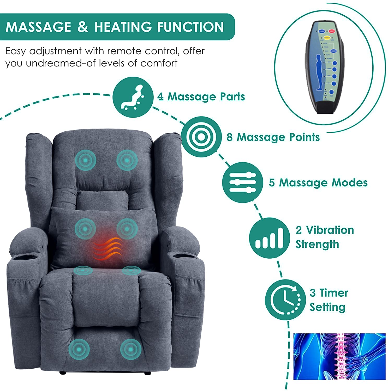 Buy Power Recliner Chair with Massage and Heat Fabric Wingback