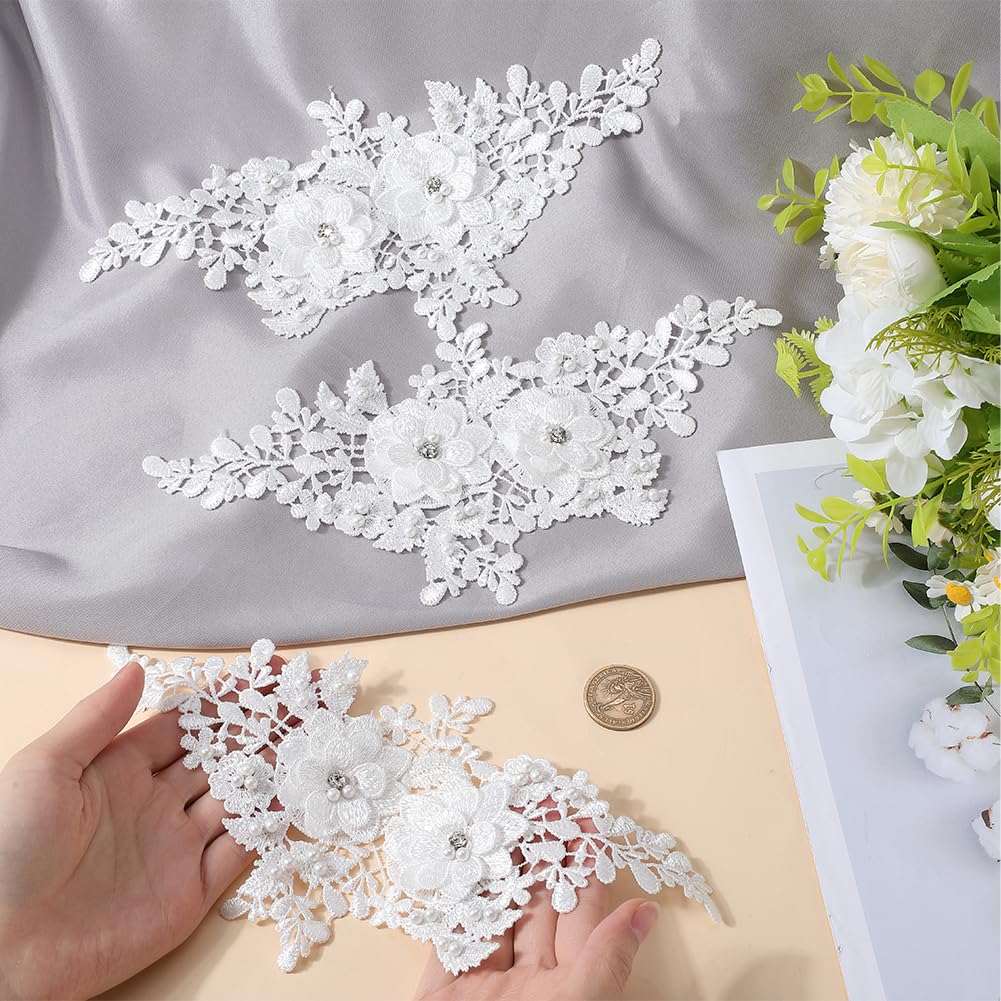 CABODYALS 4Pcs Beaded Lace Appliques White Pearl 3D Flower Crystal Applique Polyester Embroidery Floral Glitter Rhinestone Sew on Patches for Sewing Making Dresses Clothes Wedding Decor Diy Crafts - Image 3