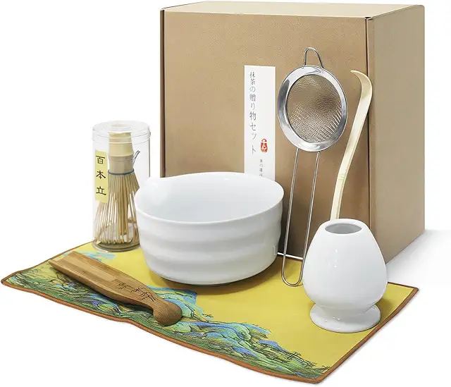 Matcha Tea Set with Ceramic Bowl, Bamboo Whisk & Accessories - Complete Japanese Matcha Kit
