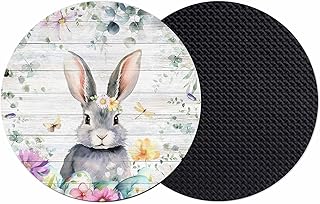 Easter Bunny Coasters Set of 2, Absorbent Coasters for Drinks, Farmhouse Watercolor Eggs Flower Wood Grain Coaster for Desk Coffee Table Protection, Home Decor House Warming Gifts 4"