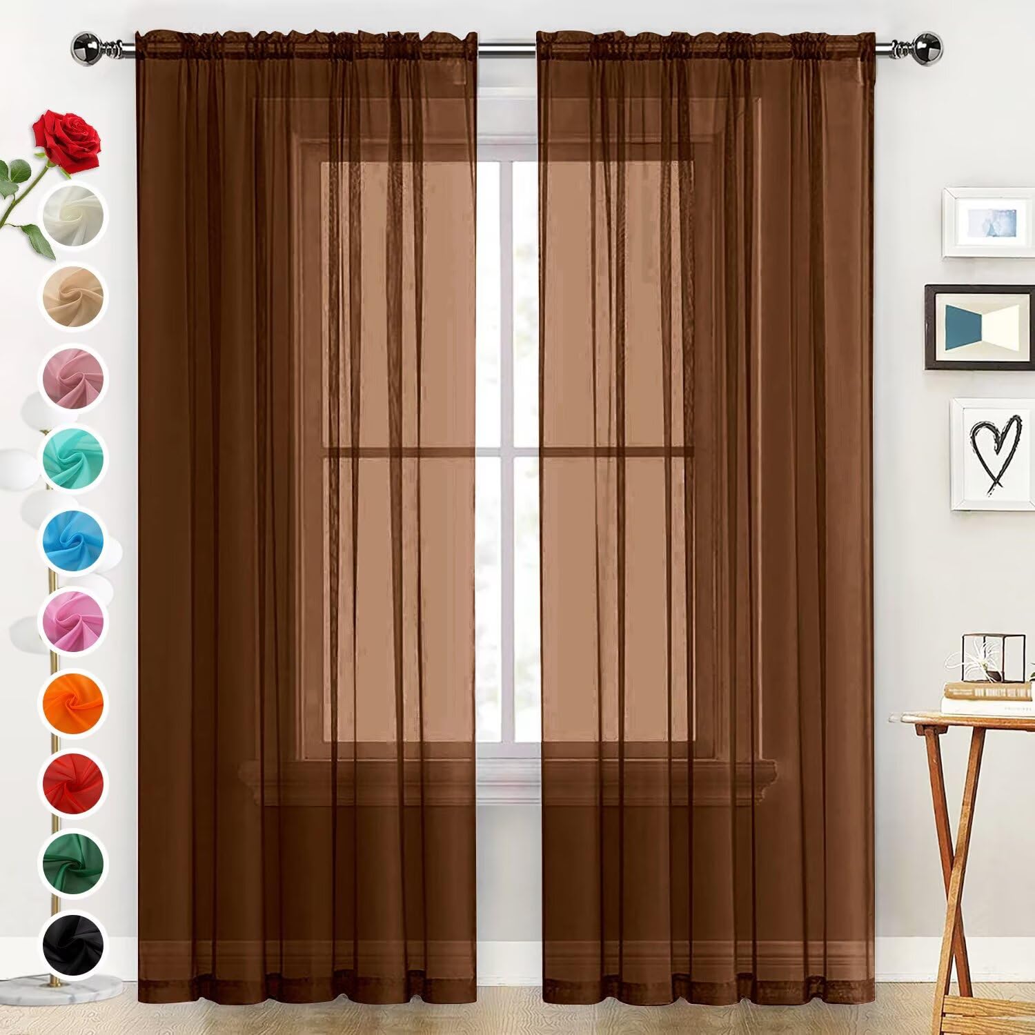 SpaceDresser Basic Rod Pocket Sheer Voile Window Curtain Panels Brown 1 Pair 2 Panels 60 Width 72 Inch Long for Kitchen Bedroom Children Living Room Yard（Brown, 60W x 72L）