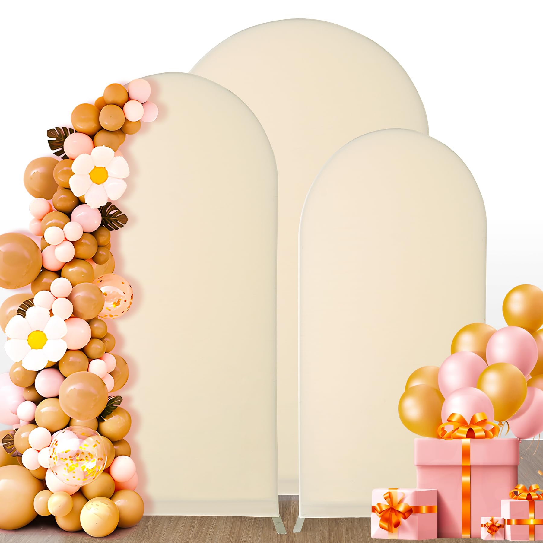 AISIMEE Wedding Arch Cover Set of 3,Spandex Fitted Chiara Arch Backdrop Stand Covers,Round Top Arch Backdrop Cover Fabric for Ceremony Birthday Party Baby Shower Banquet Decoration 4ft,5ft,6ft Beige