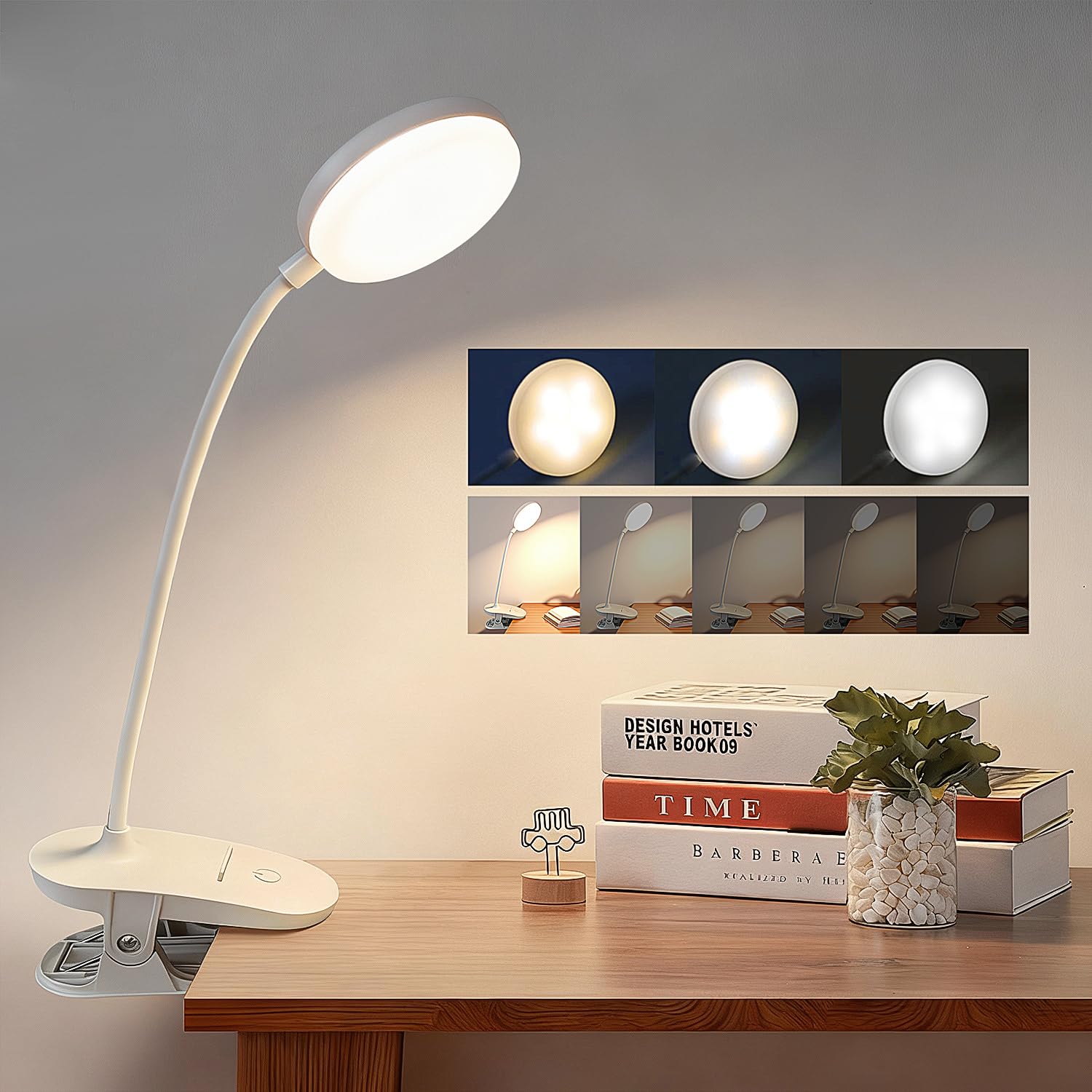 Clip On Clamp Light for Bed Headboard Rechargeable Desk Lamp 3 Colors White Warm White Warm Dimmable 360