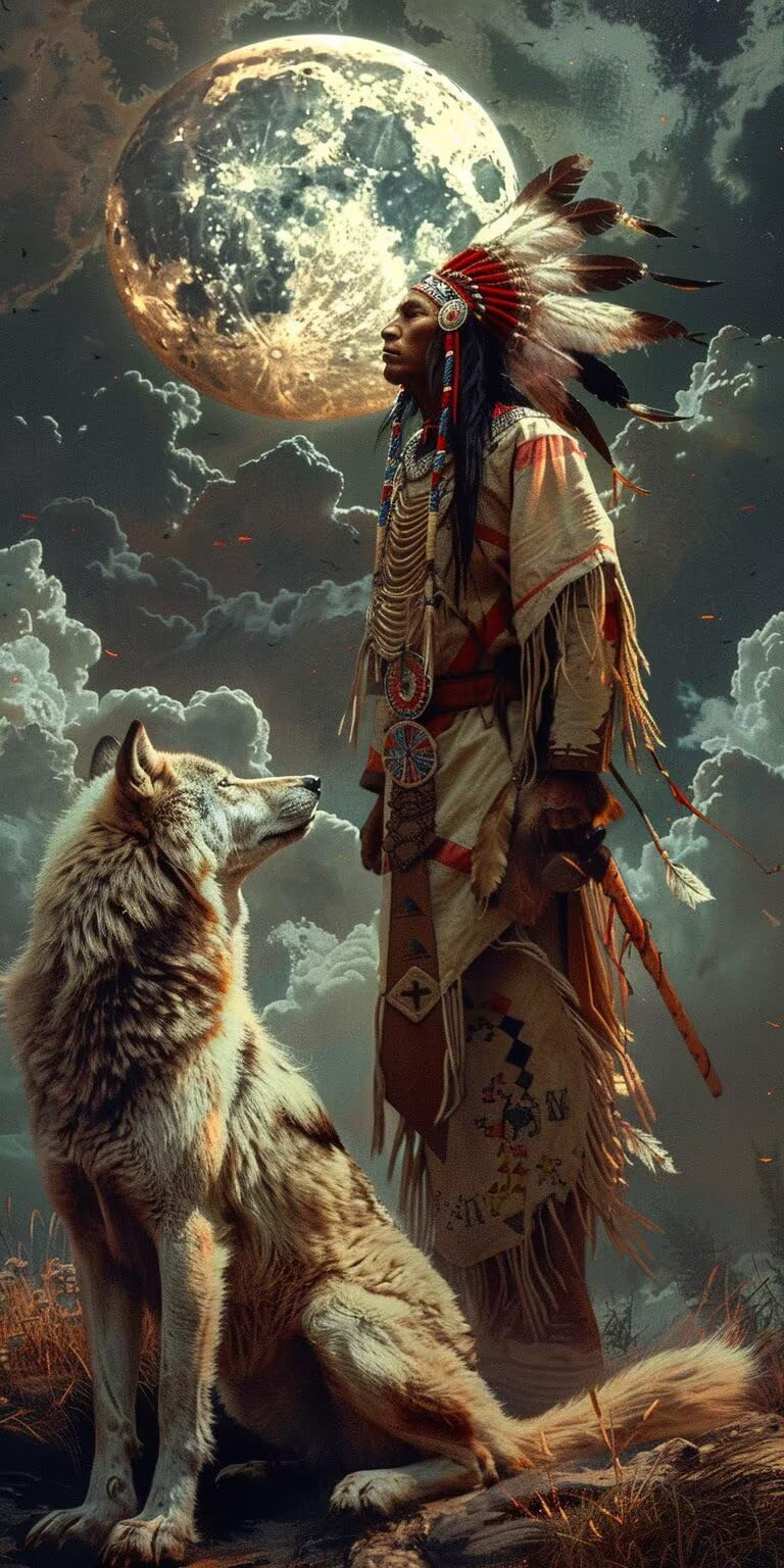 Malen Nach Zahlen Erwachsene Indianer, Malen Nach Zahlen Wolf, Paint by Numbers mit Pinseln und Acrylfarben, DIY Handgemalt Ölgemälde Kit für Deko Wohnzimmer und Wohnzimmer Deko 80x160cm K-2333