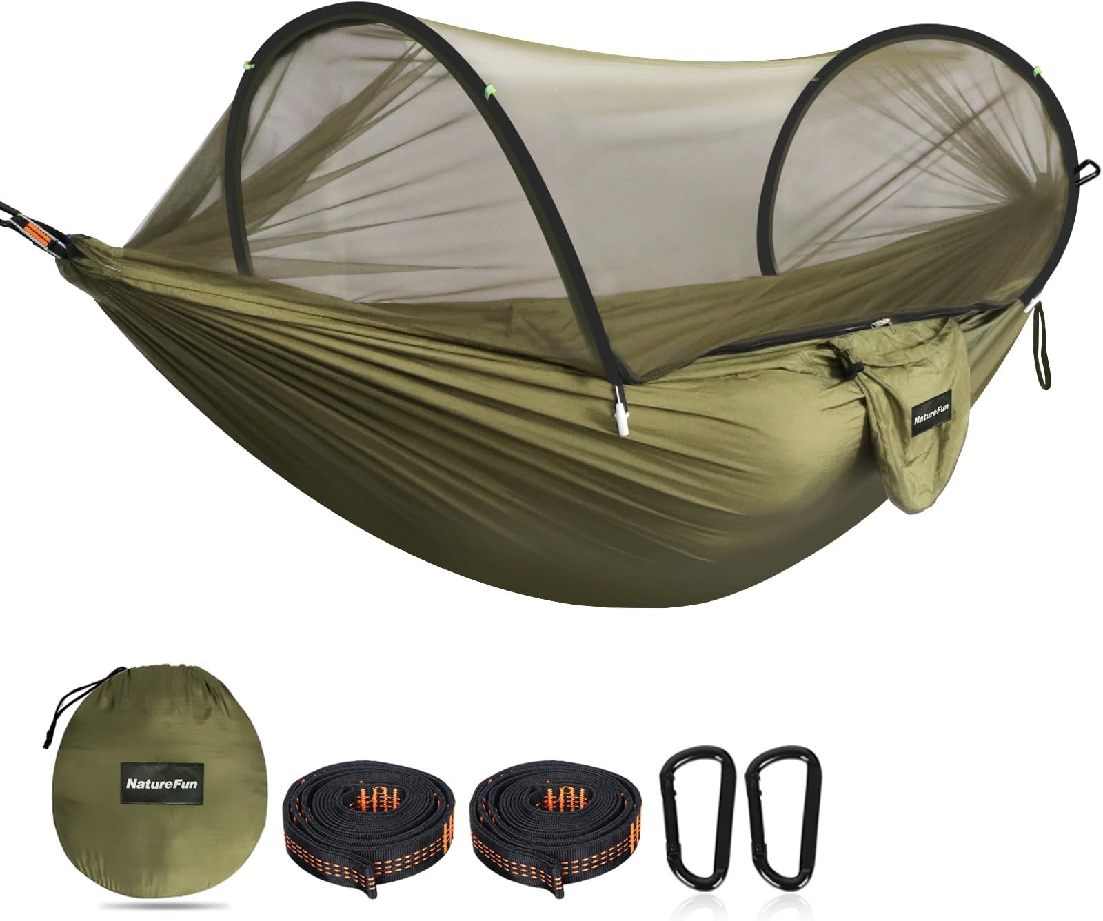 NATUREFUN Ultra-Light Travel Camping Hammock Pop-up Bug Net Hammock 300kg Load Capacity,Breathable,Quick-drying Parachute Nylon 2 Premium Carabiners,2 Tree Slings Included Outdoor Backpacking Hiking
