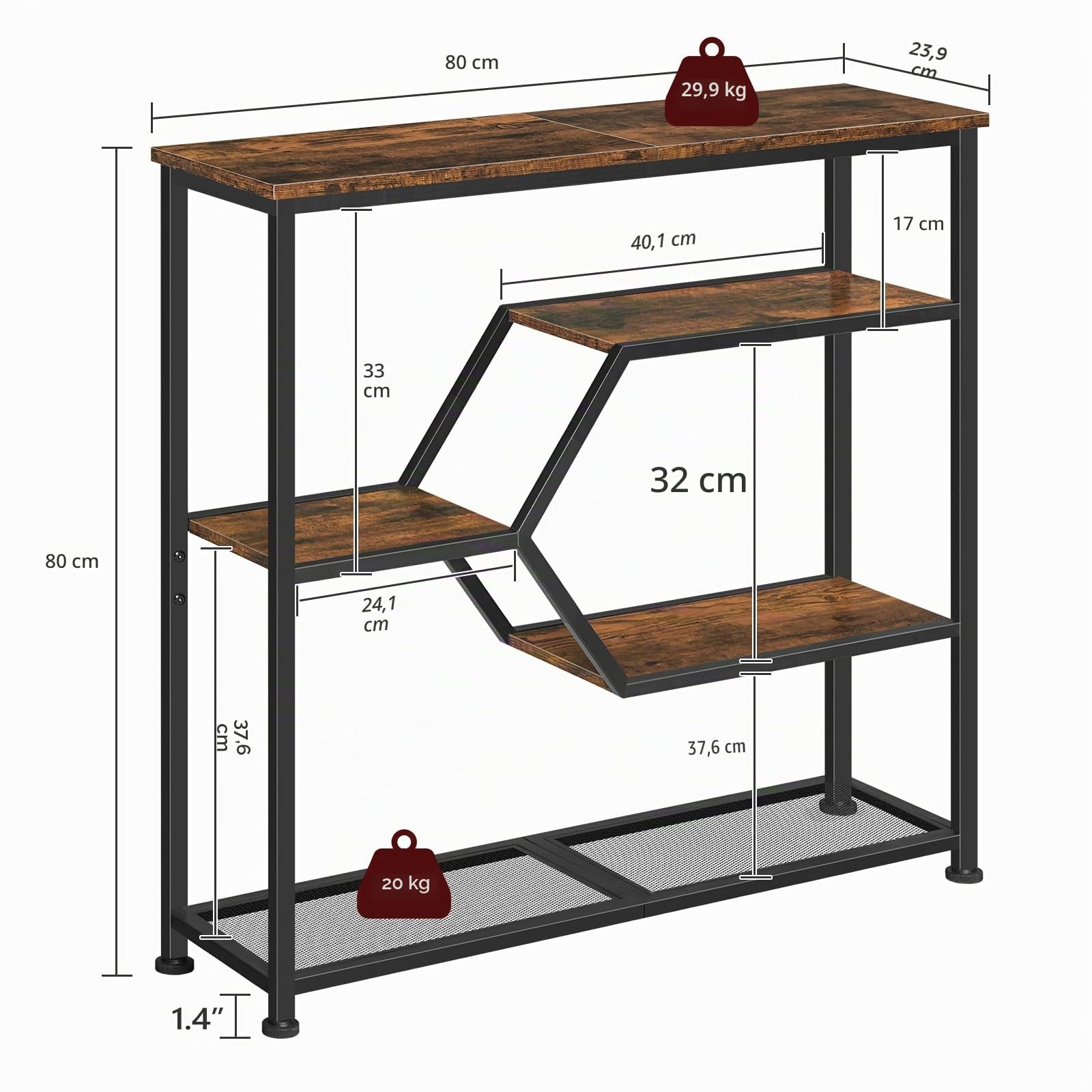 MAHANCRIS 5-stufiger Konsolentisch, Schmal Beistelltisch, 80 cm Sofatisch, Eingangstisch im Industrie-Stil, Metallrahmen, für Wohnzimmer, Eingangsbereich, Flur, Vintagebraun und Schwarz ACTHR13101