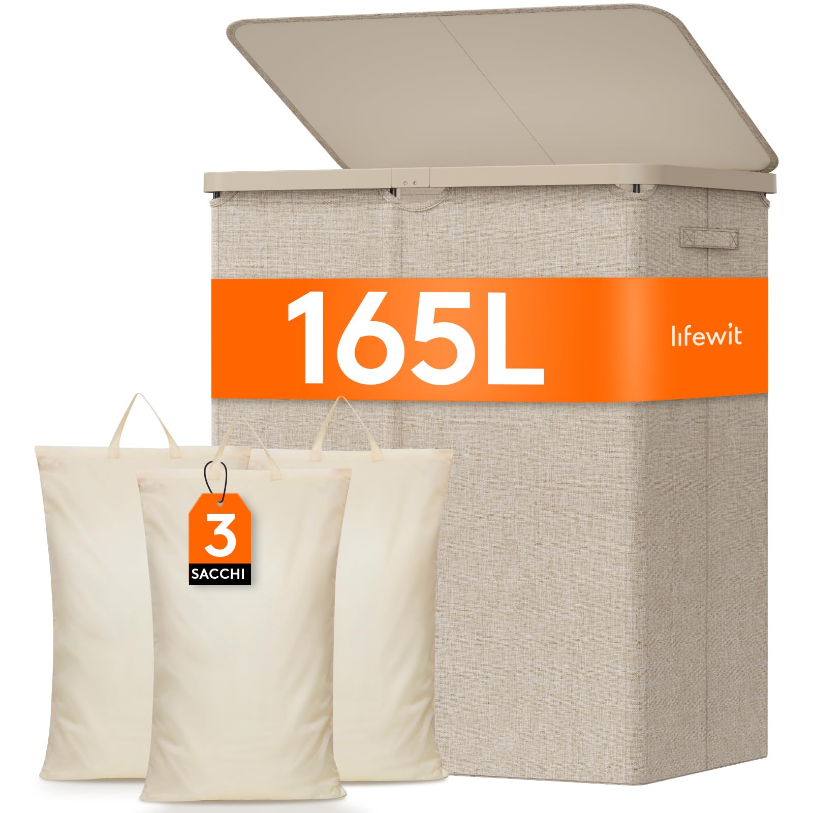 Cesta Portabiancheria Lifewit 160L Doppia - Con Sacchi Rimovibili E Coperchio | Grigio Per Bucato