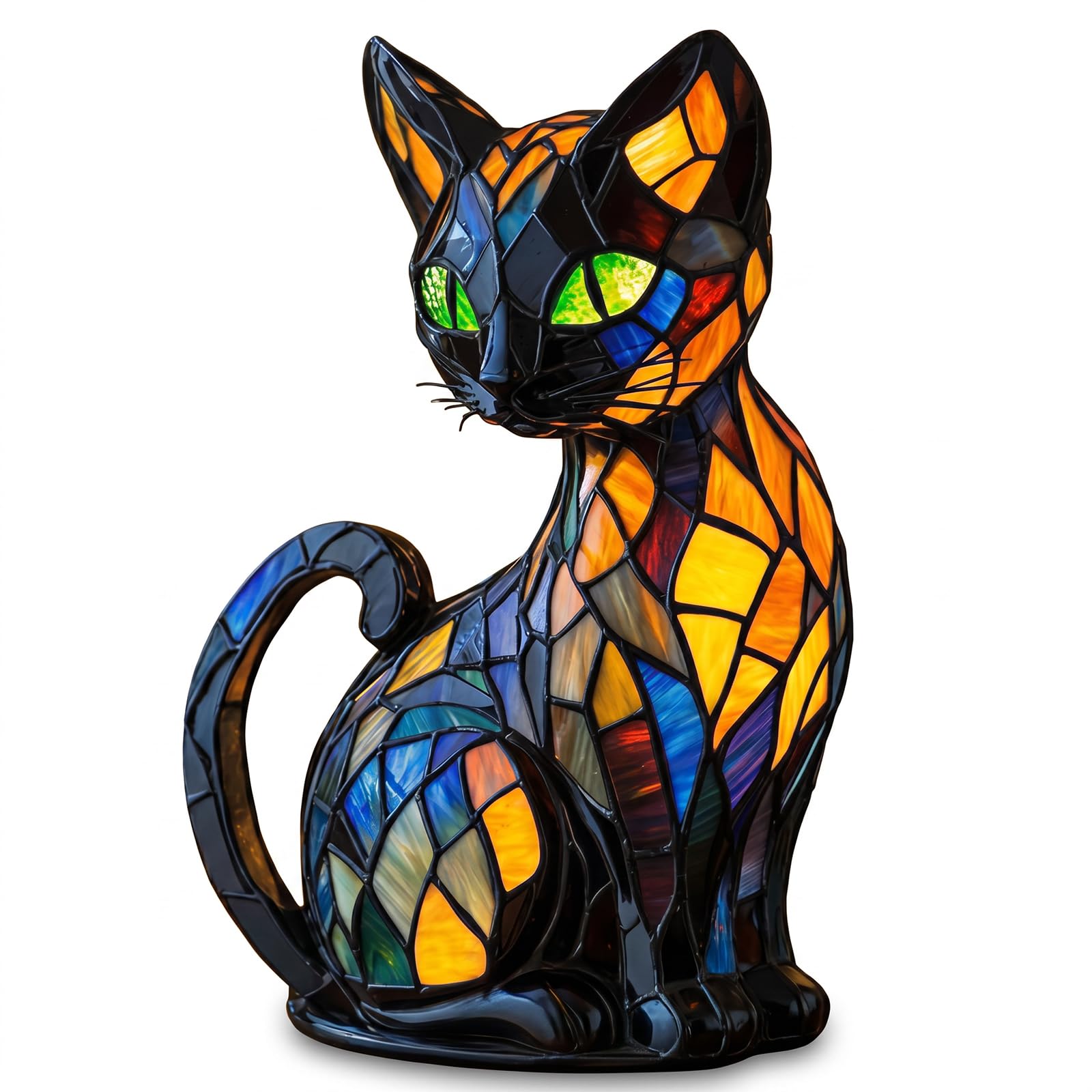 Stained Glass Cat Lamp, 3D Decorative USB Resin LED Night Light (A)