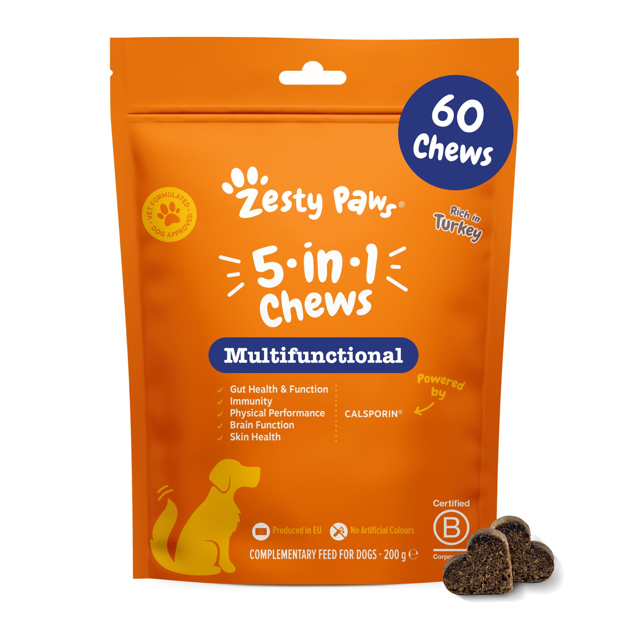 Zesty Paws 5in1 Multivitamins for Dogs | Supports Skin & Gut Health, Brain Function, Immune System, Physical Performance | With Vitamin A, B & C, Folic Acid, Biotin, L-Carnitine | Daily Use | 60 Chews