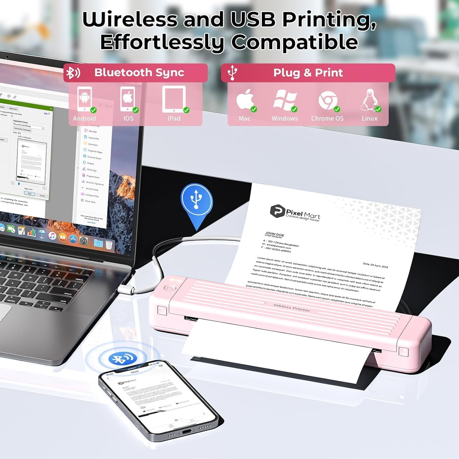 Mobile Portable Wireless Printer, P831 Portable Thermal Transfer Printer, Bluetooth & Inkless, 300DPI, Support US Letter/A4/A5/B5 Plain Paper, Ideal for Business Travel