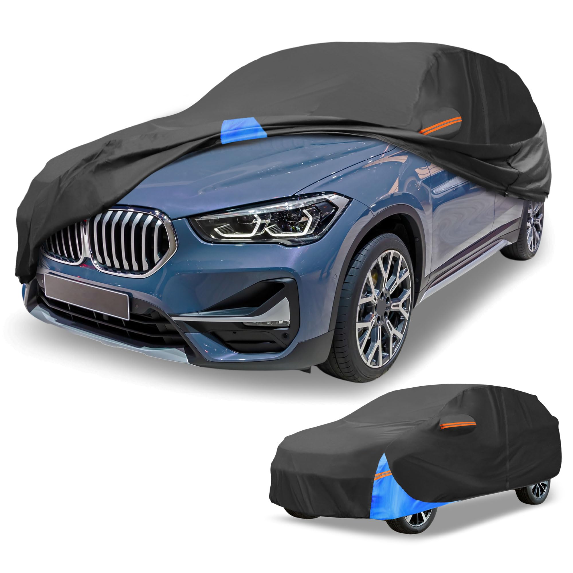 Universal Car Cover Waterproof All Weather 190T Polyester, UV Sun Rain Protection, Fits for SUV Length 182"-190", with Left Side Zipper, Black &amp; Blue