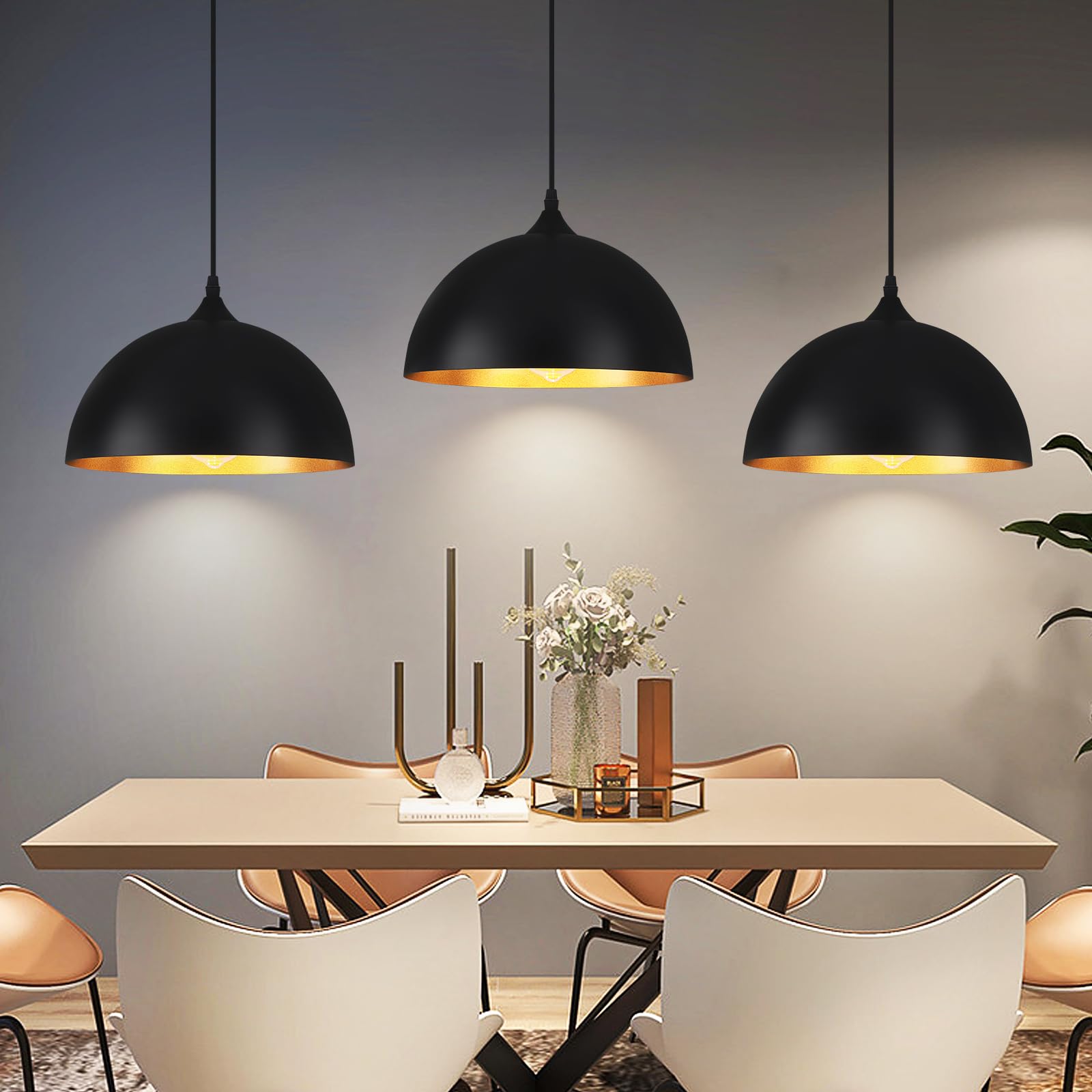 Lot de 3 Suspensions Industrielles, Suspensions Noires et Dorées | Luminaires Suspendus pour îlot de Cuisine pour Chambre à Coucher, Salon, Restaurant, Bar, E27