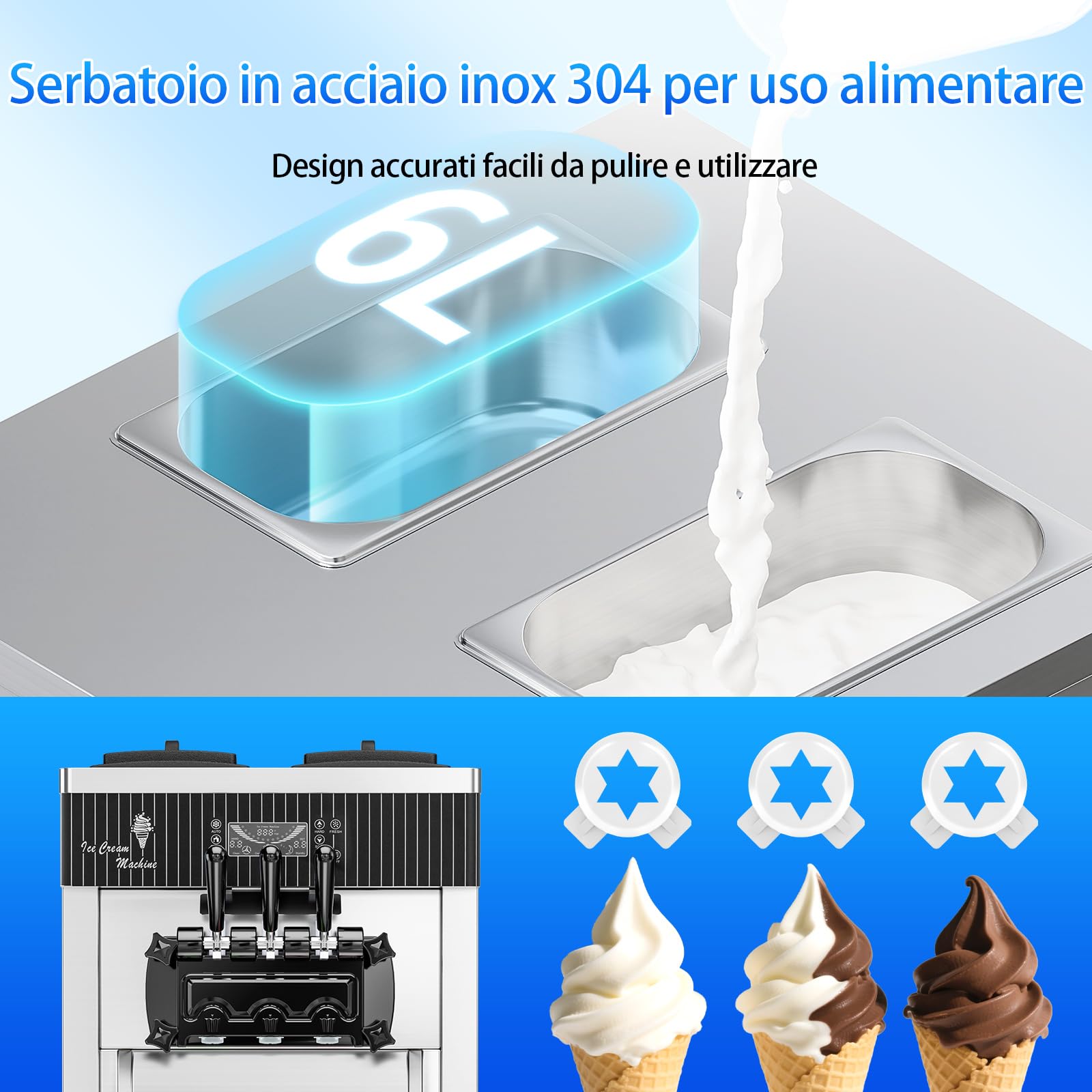 Gelatiera Professionale Soft Serve con compressore autorefrigerante, Con funzione di conservazione, Preparazione in 15min, 2200W, autoportante, Acciaio Inox, 6L x 2
