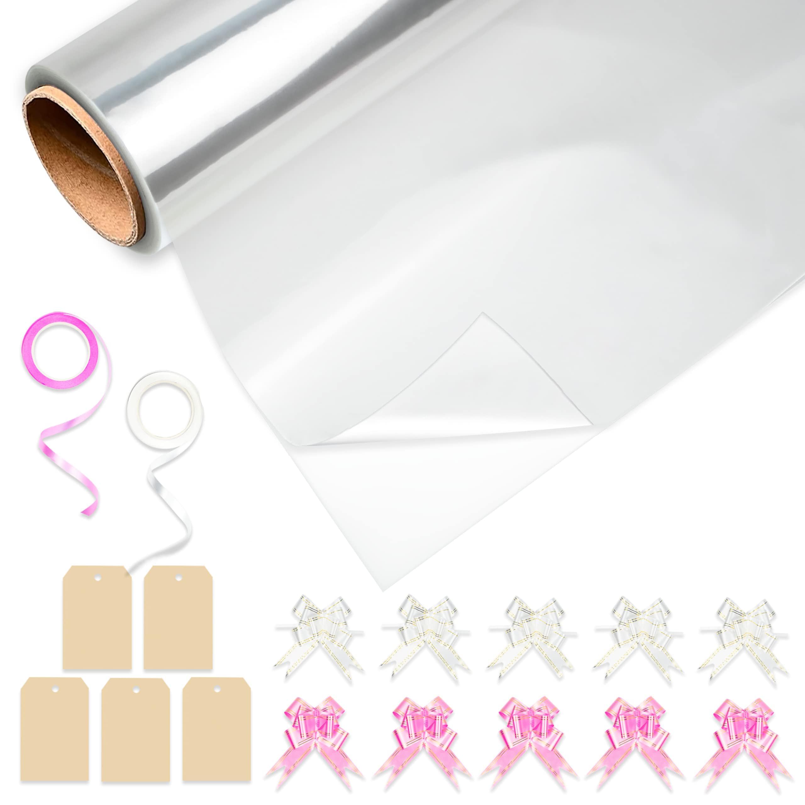 Huruc Clear Cellophane Wrap Roll 80cm x 30m Folded with 10 Pull Bows, 2 Ribbons & 10 Tags – Extra Wide Christmas Wrapping Cello for Hampers, Bouquets, Gifts & Holiday Packaging