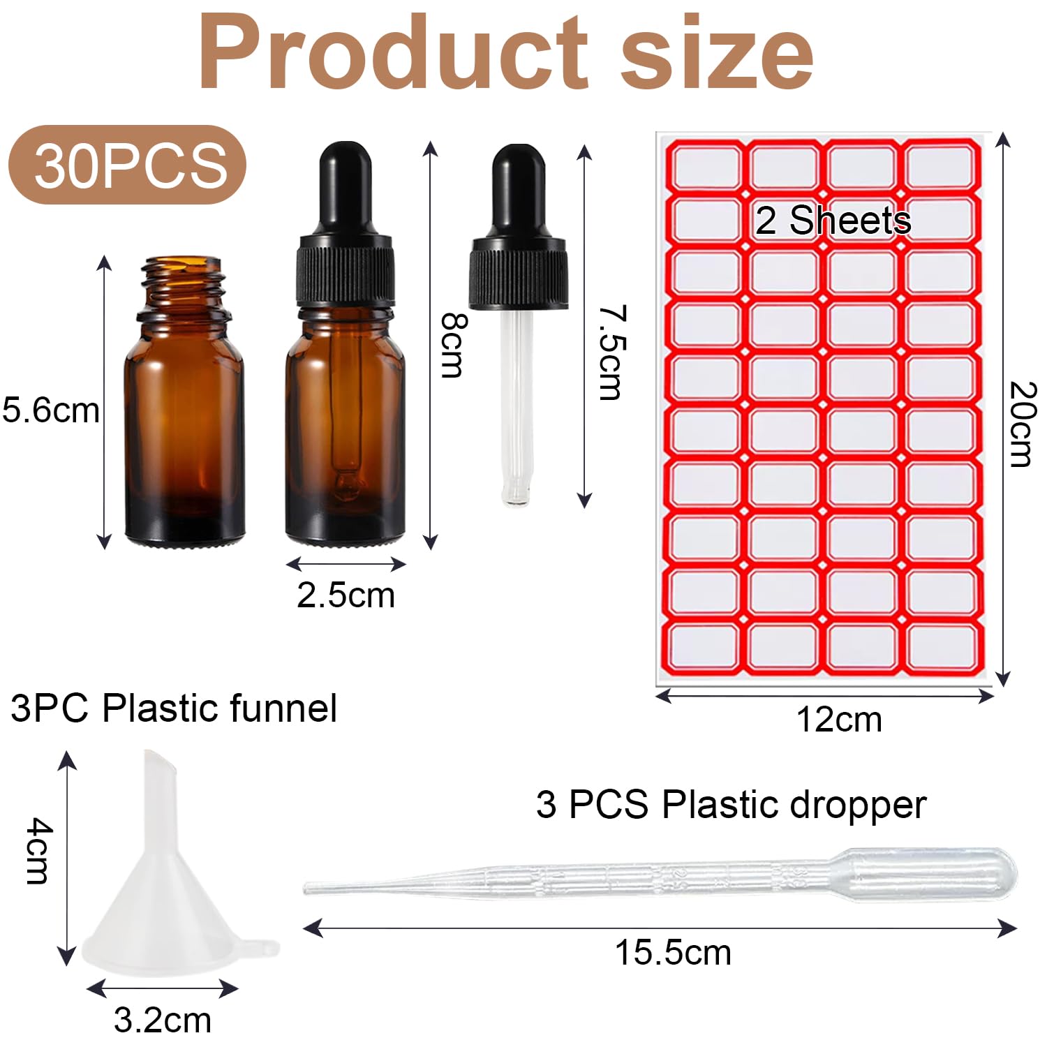 Lot de 30 flacons compte-gouttes en verre ambré de 10 ml avec pipette compte-gouttes vides rechargeables pour huiles essentielles, parfums, liquides