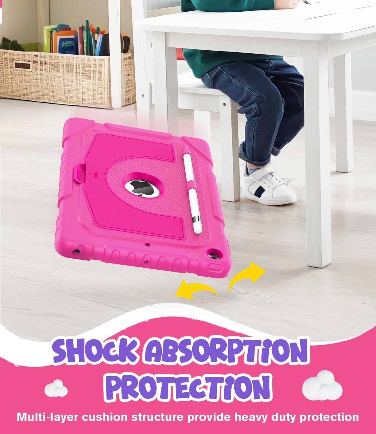OKP Case for iPad 9th/ 8th/ 7th Generation 10.2 Inch (2021/2020/2019), Shockproof Rugged Heavy Duty i Pad 9 8 7 th Gen Protective 10.2'' Cover with Pencil Holder/Kickstand, Hot Pink