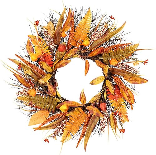 Miniatura 7 de Ochine Corona de otoño  Corona de cosecha artificial con calabaza, hojas, grosellas y bayas, decoración de otoño para puerta delantera, pared o