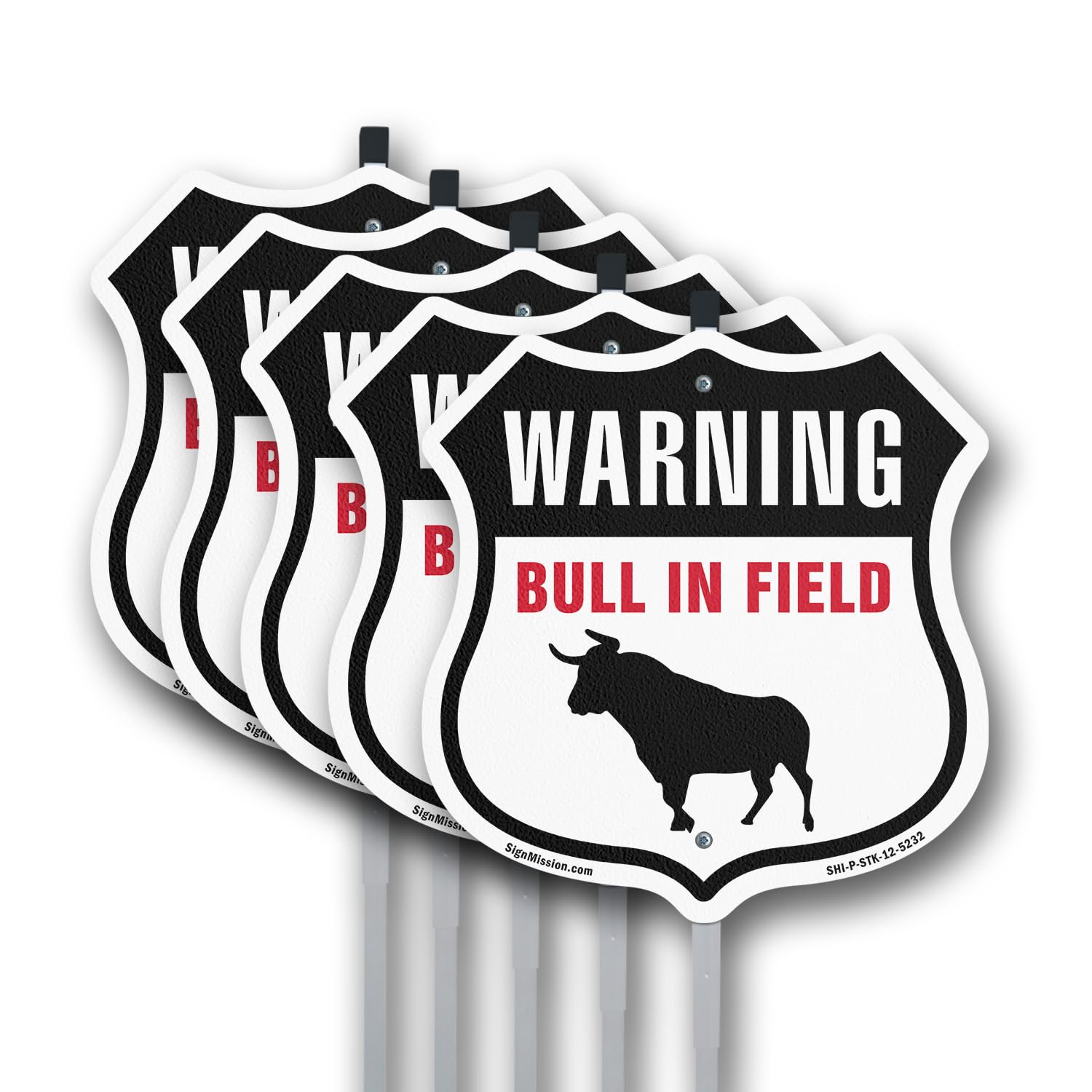 Warning Bull In Field (5 Pack) 12 inch X 12 inch Shield Shaped Rust-Free Aluminum Metal Signs with Aluminum Mounting Stakes Weather Resistant Made in