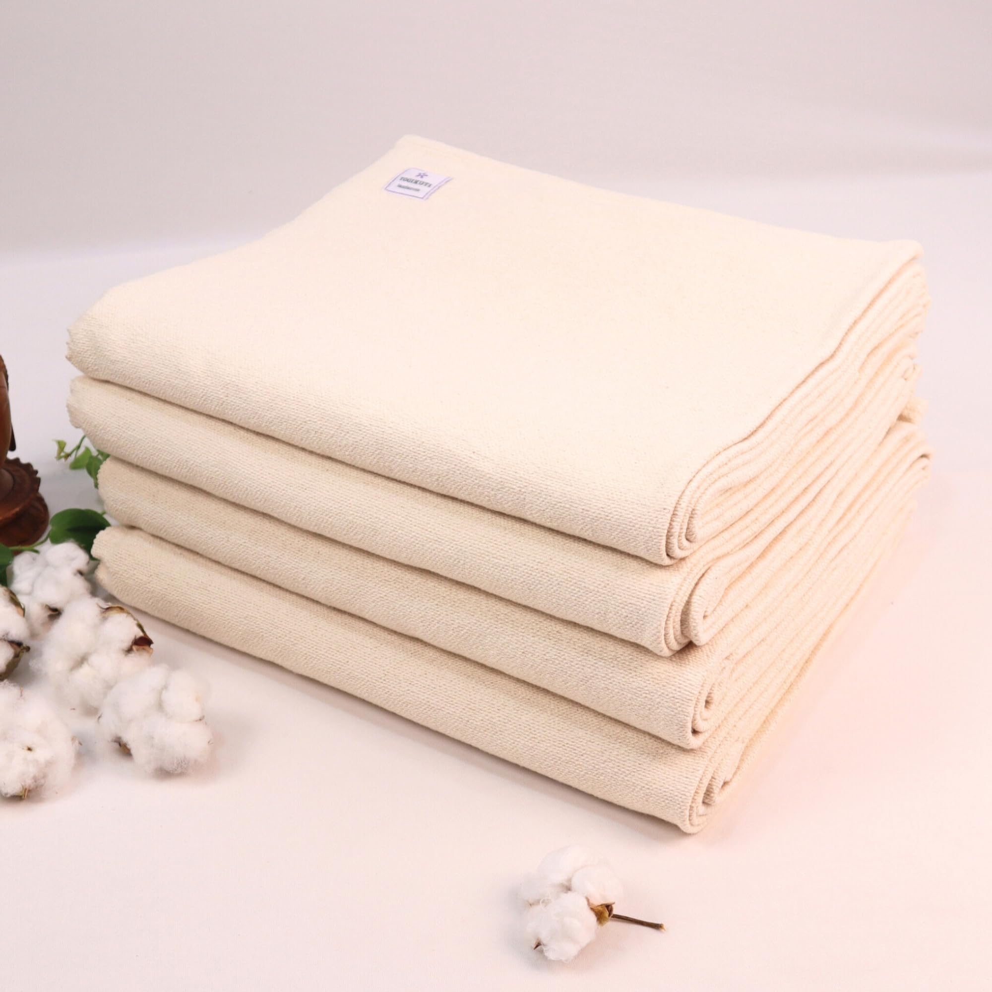 Yogikuti Iyengar Cotton Yoga Blanket Set of Four, Handwoven, Unbleached Cotton, 203.2 cm x 152.4 cm, White