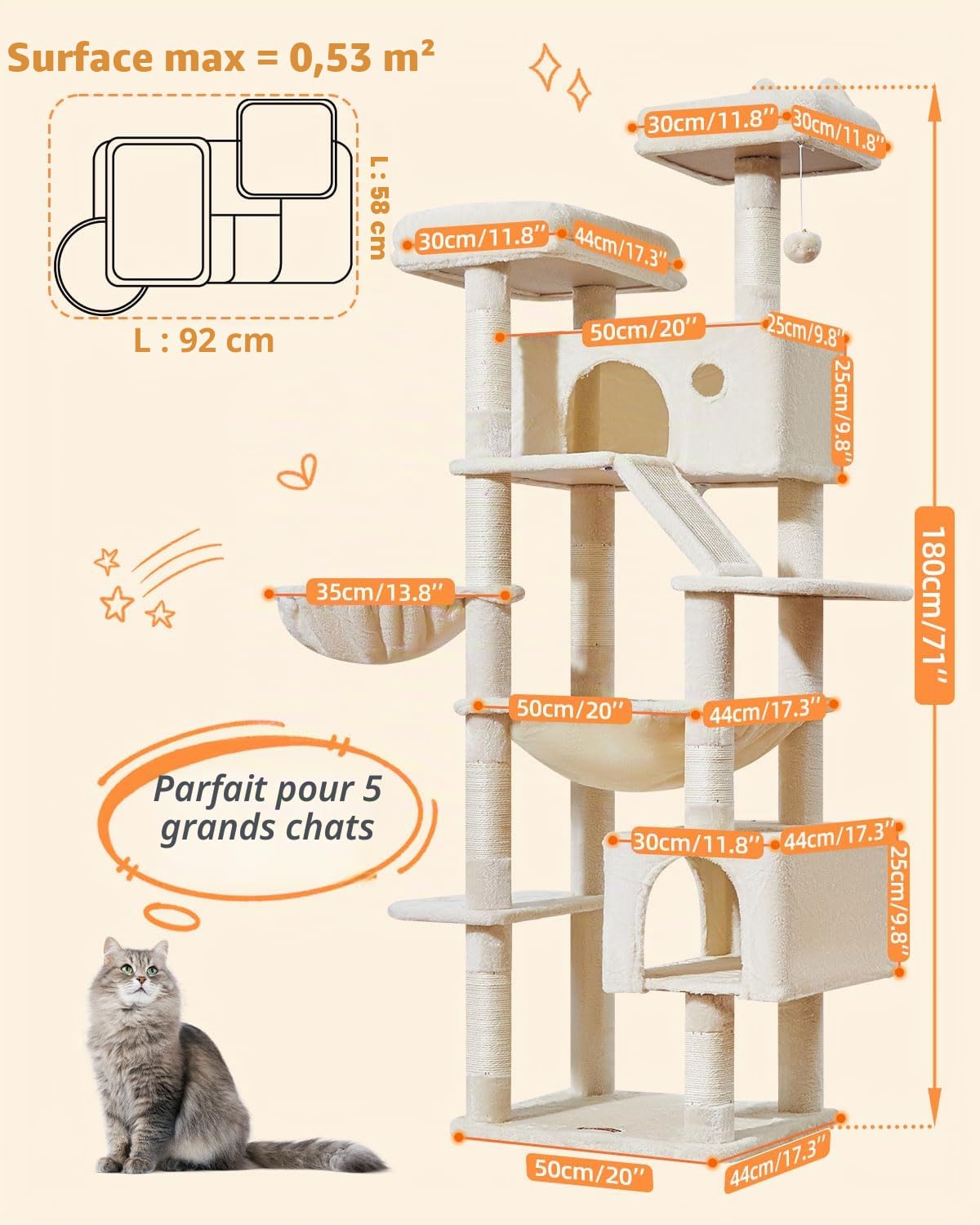 Taoqimiao Arbre a Chat Maine Coon,180cm Stable Arbres à Chat XXL avec 2 Condos Spacieux pour Chats, 8 Griffers, 2 Plateformes, Panier pour Matou, Confortable Hamac, Beige MS026LM
