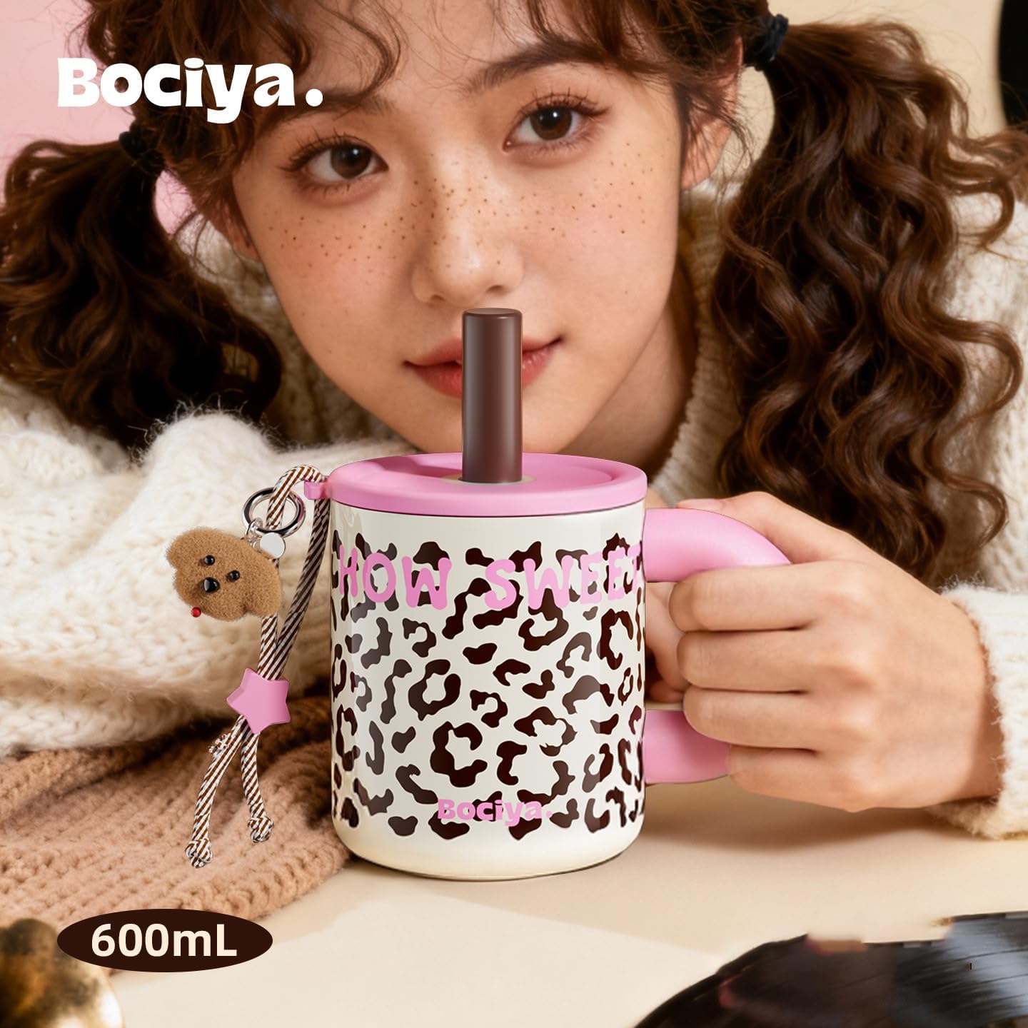 ZZT 17 oz Tumbler with Handle & Straw Lid –leopard print Insulated Stainless Steel Water Bottle,dual-use, built-in glass integrated cup,used as glass bottle, Hot/Cold Drink (leopard print) - Image 2