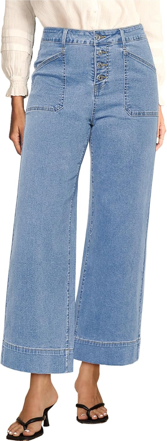 luvamia Wide Leg Jeans for Women Cropped High Waisted Trendy Button Fly Patch Pocket Stretchy Denim Pants Trousers Jeans