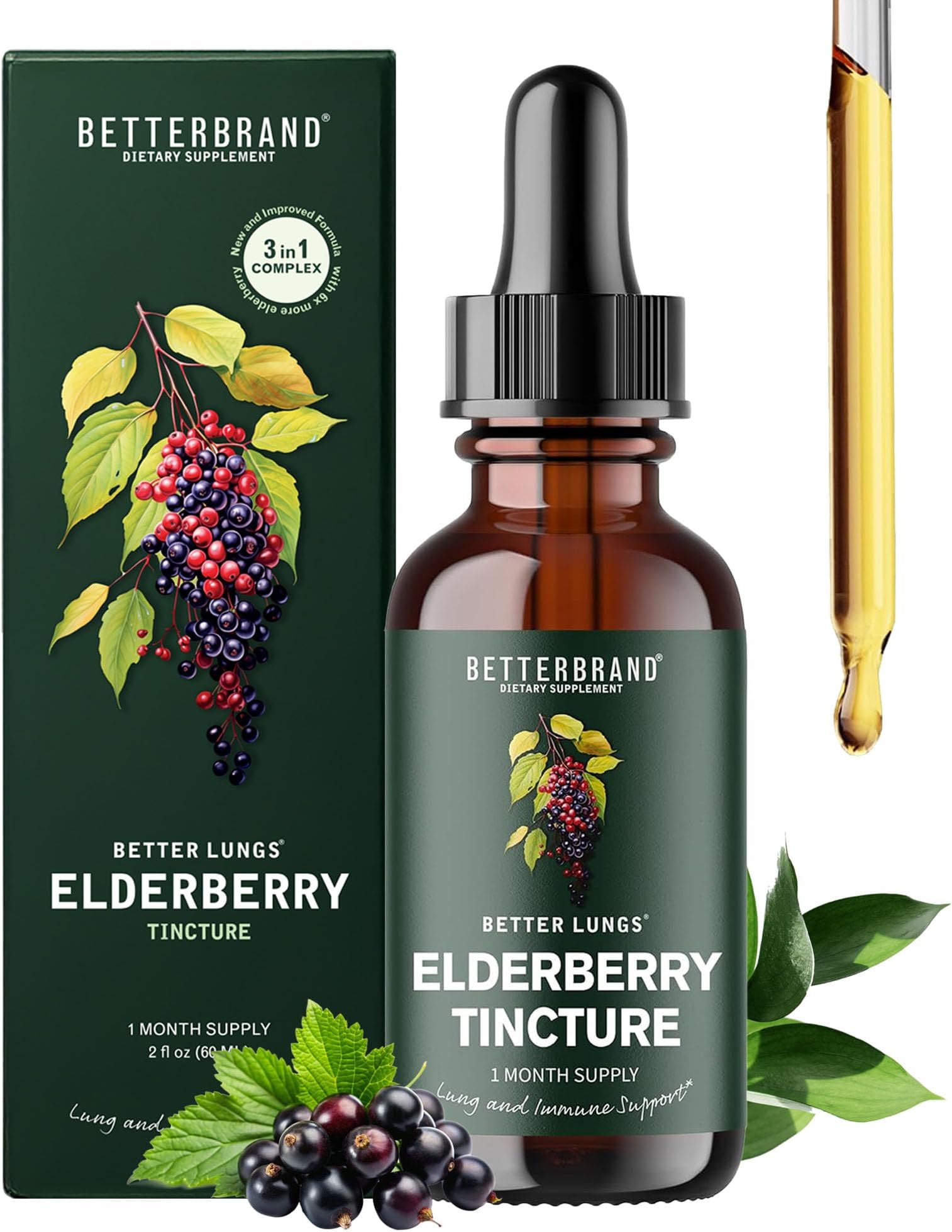 BetterLungs Elderberry Tincture, Natural Immune Support Supplement - Sugar-Free, Non-GMO, Alcohol Free, Vegetarian - 30 Day Supply