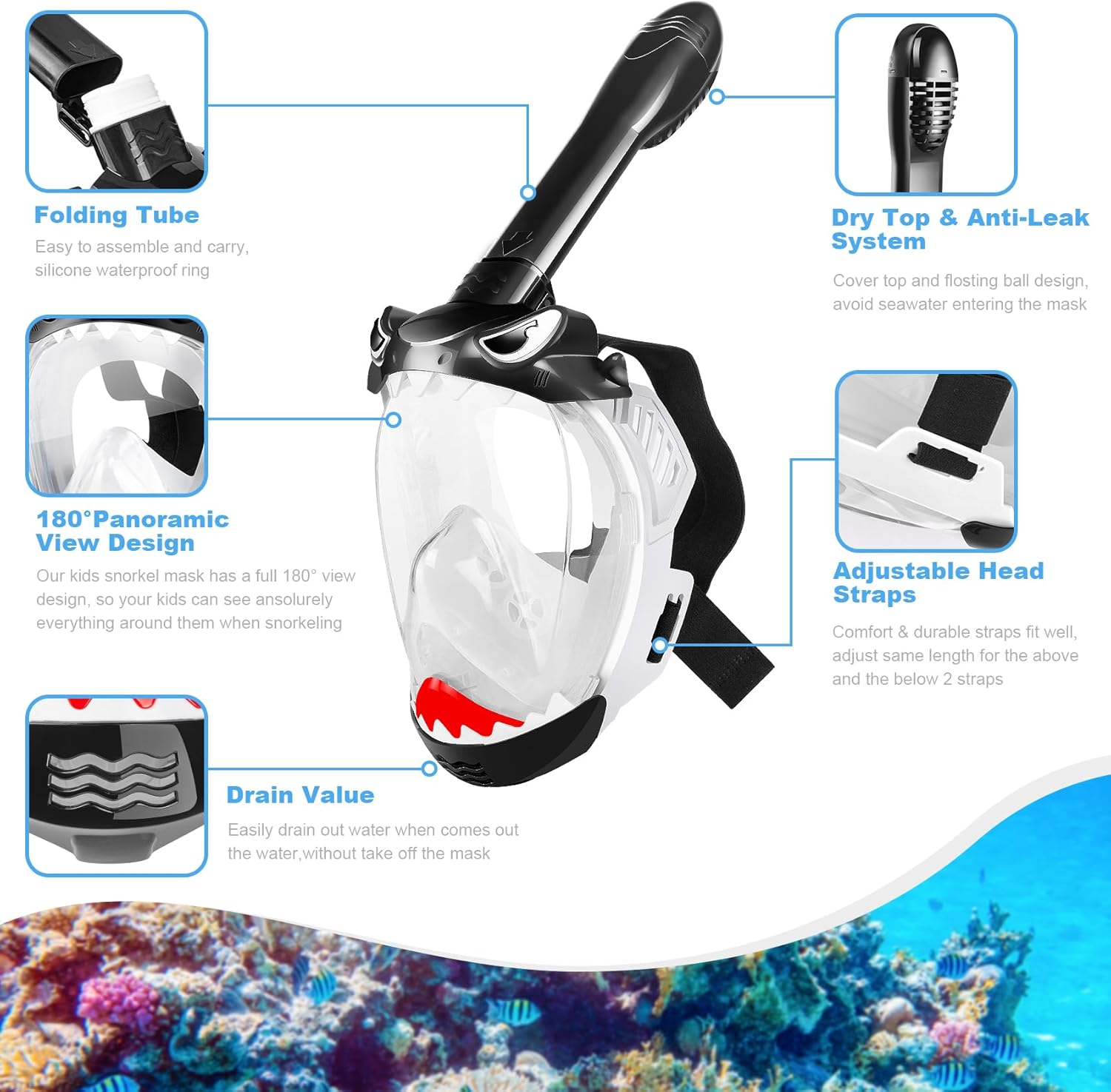 Full Face Snorkel Mask for Kids with 180° Panoramic View, Snorkeling Set Featuring Anti-Leak and Anti-Fog Foldable Dry Top Design for Safe Underwater Adventures Snorkeling Gear for Kids - Image 2