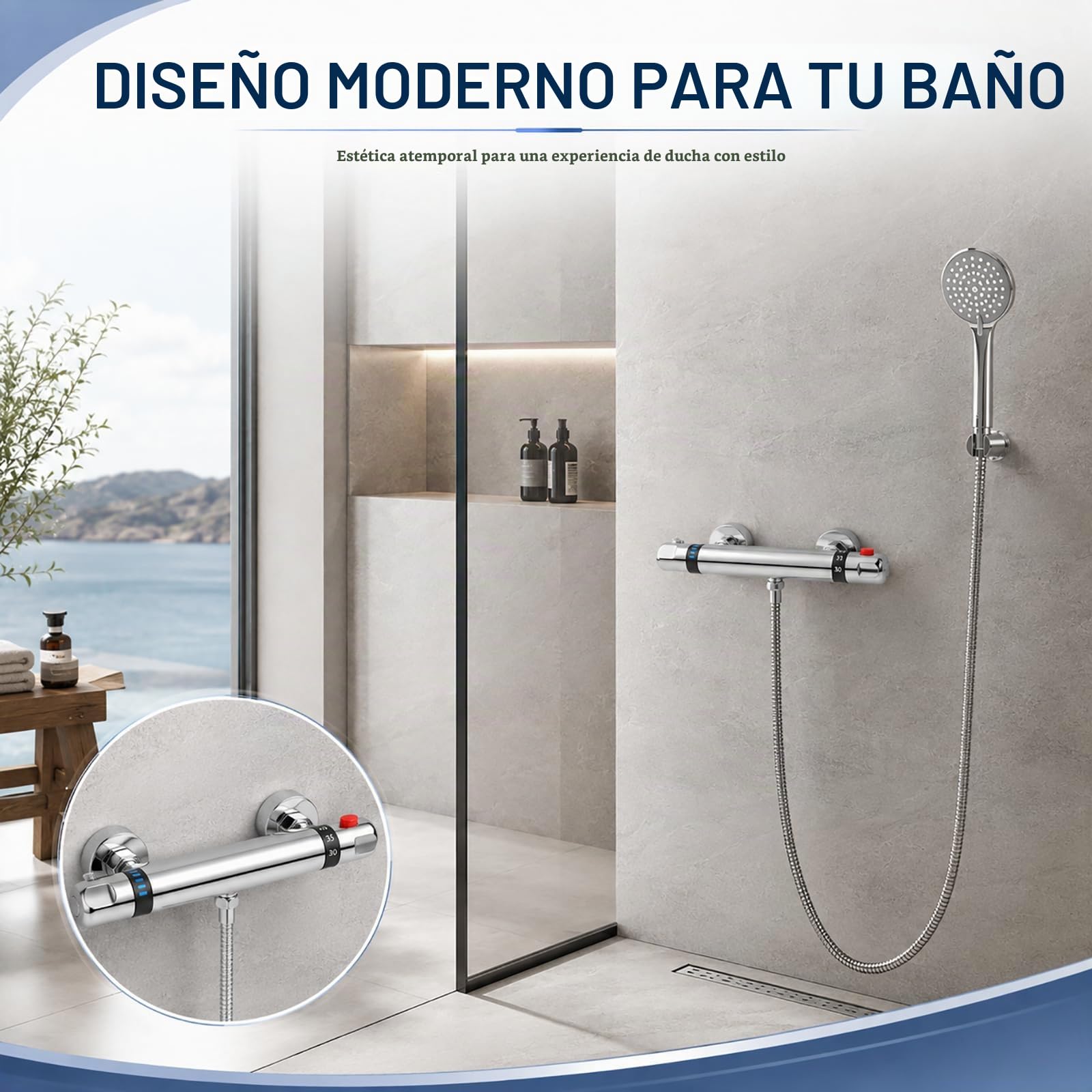 Grifo Ducha Termostático con Botón de Seguridad 38°C para Baño Moderno G1/2 | Cuerpo de latón cromado con conexión G1/2; mantiene una temperatura constante y ayuda a prevenir cambios bruscos y quemaduras