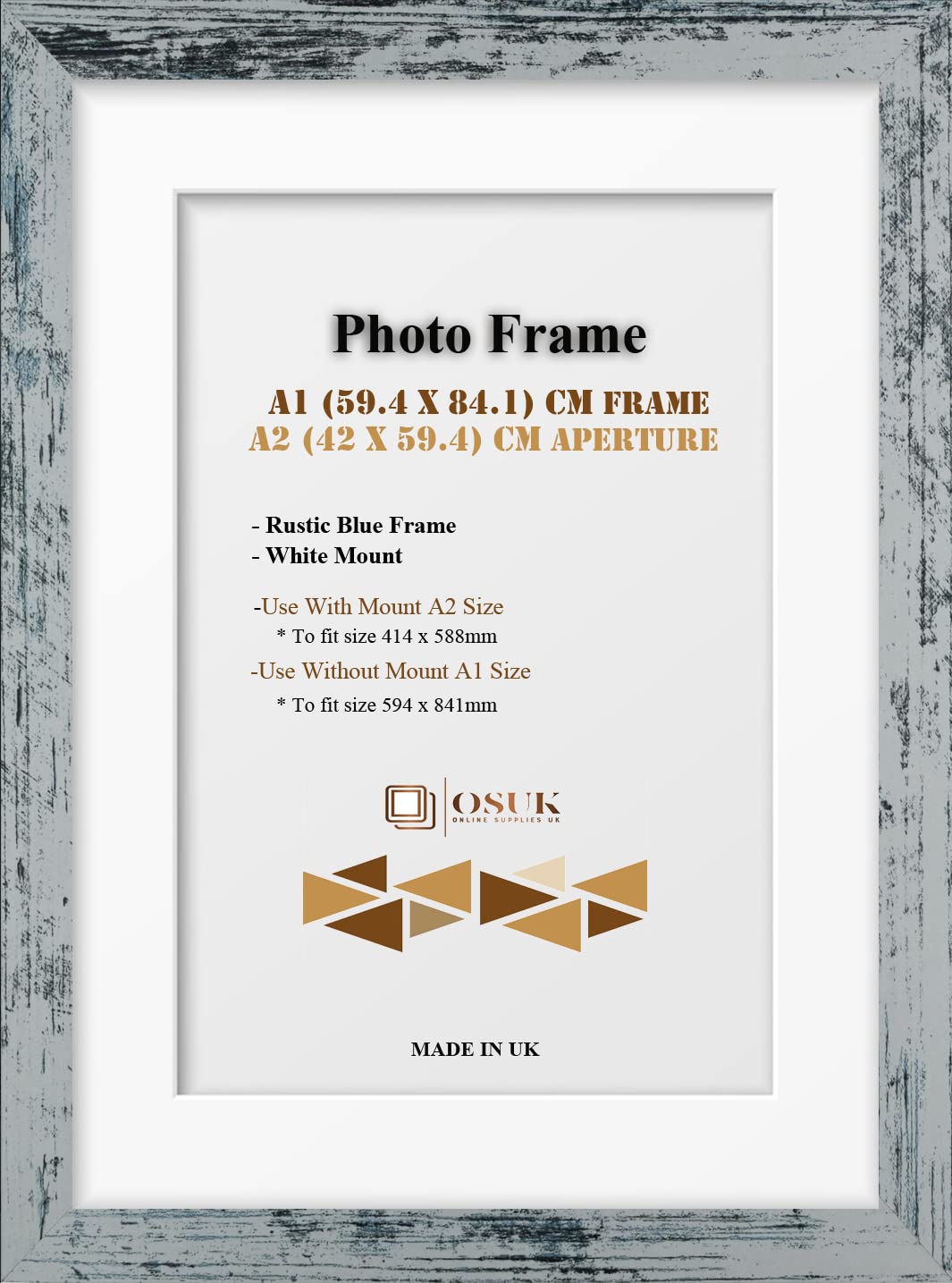 OSUK Rustic Blue A1 Frame With A2 Mount - Modern Photo Frame With White Mount - Clear Perspex Front & Wall Mounting Poster Frame - Rustic Blue A1 Picture Frame With A2 White Mount