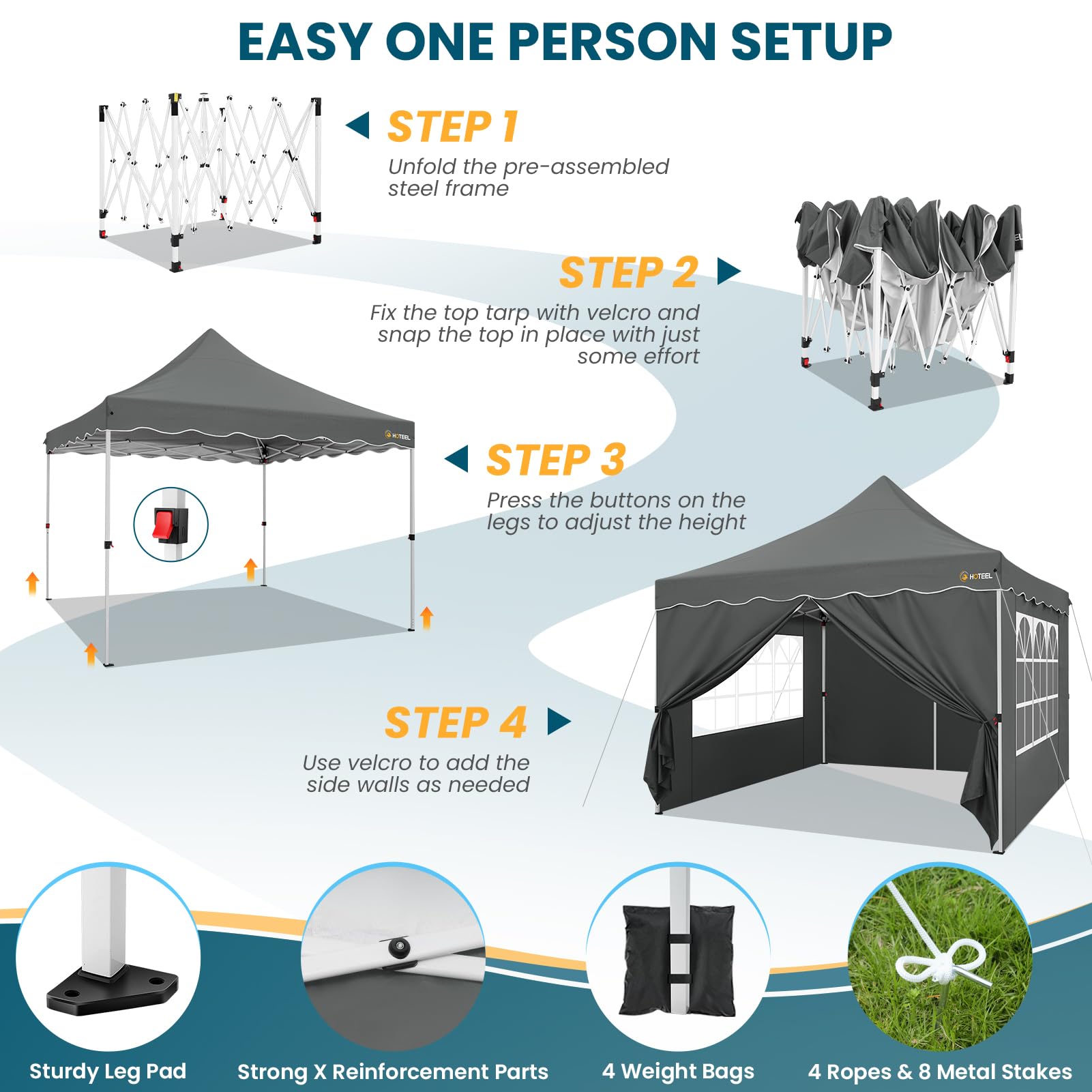 HOTEEL Tonnelle Pliante 3x3 Imperméable avec 4 Parois Latérales, Installation Facile Barnum Pliant 3x3 Portable Tonnelle de Jardin Exterieur avec 4 Sacs de Sable pour Fête, Festival, Marché, Gris
