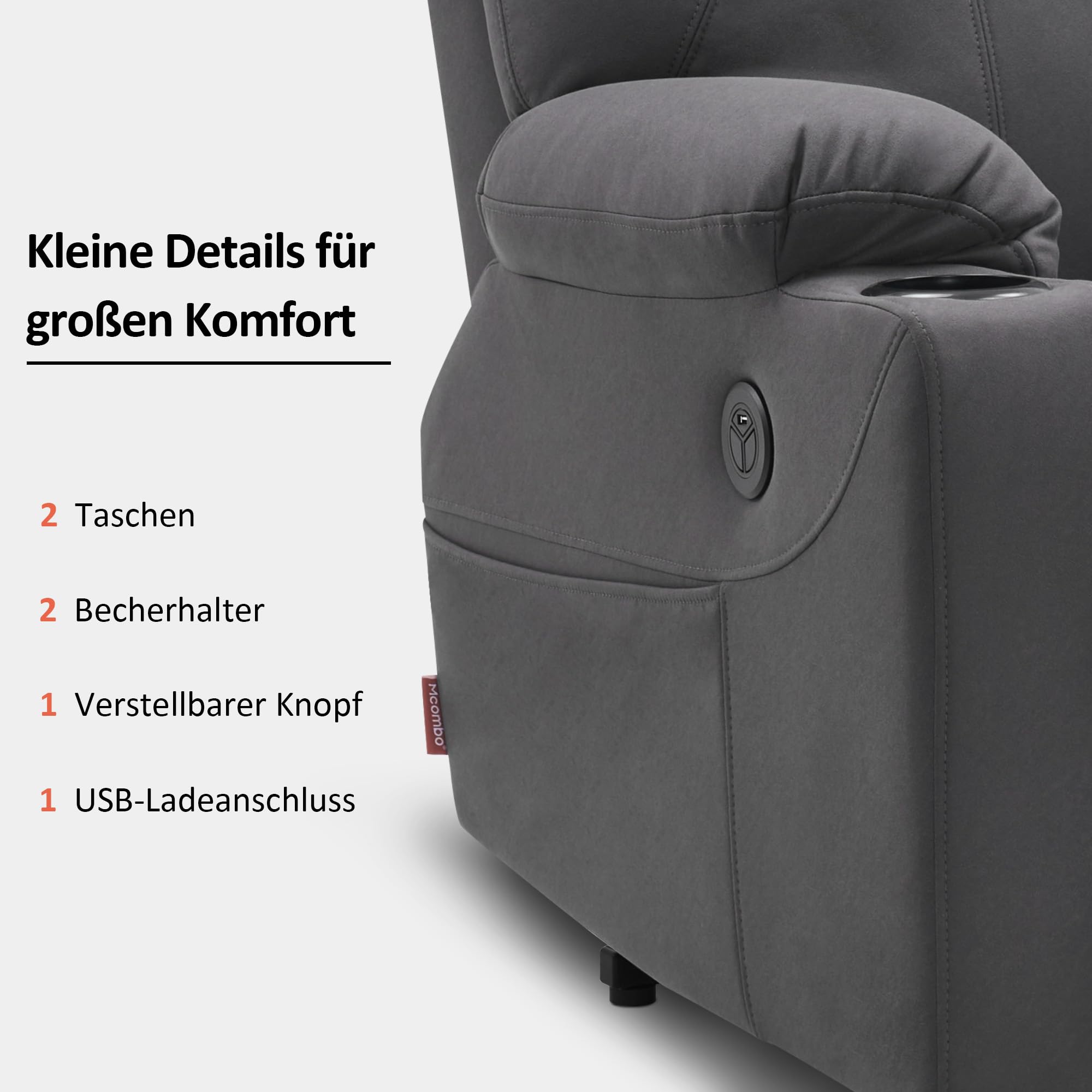 M MCombo Poltrona per TV con supporto per alzarsi, elettrica, poltrona relax con funzione sdraiata fino a 140°, poltrona massaggiante con funzione di calore, pulsante e telecomando regolabile, con