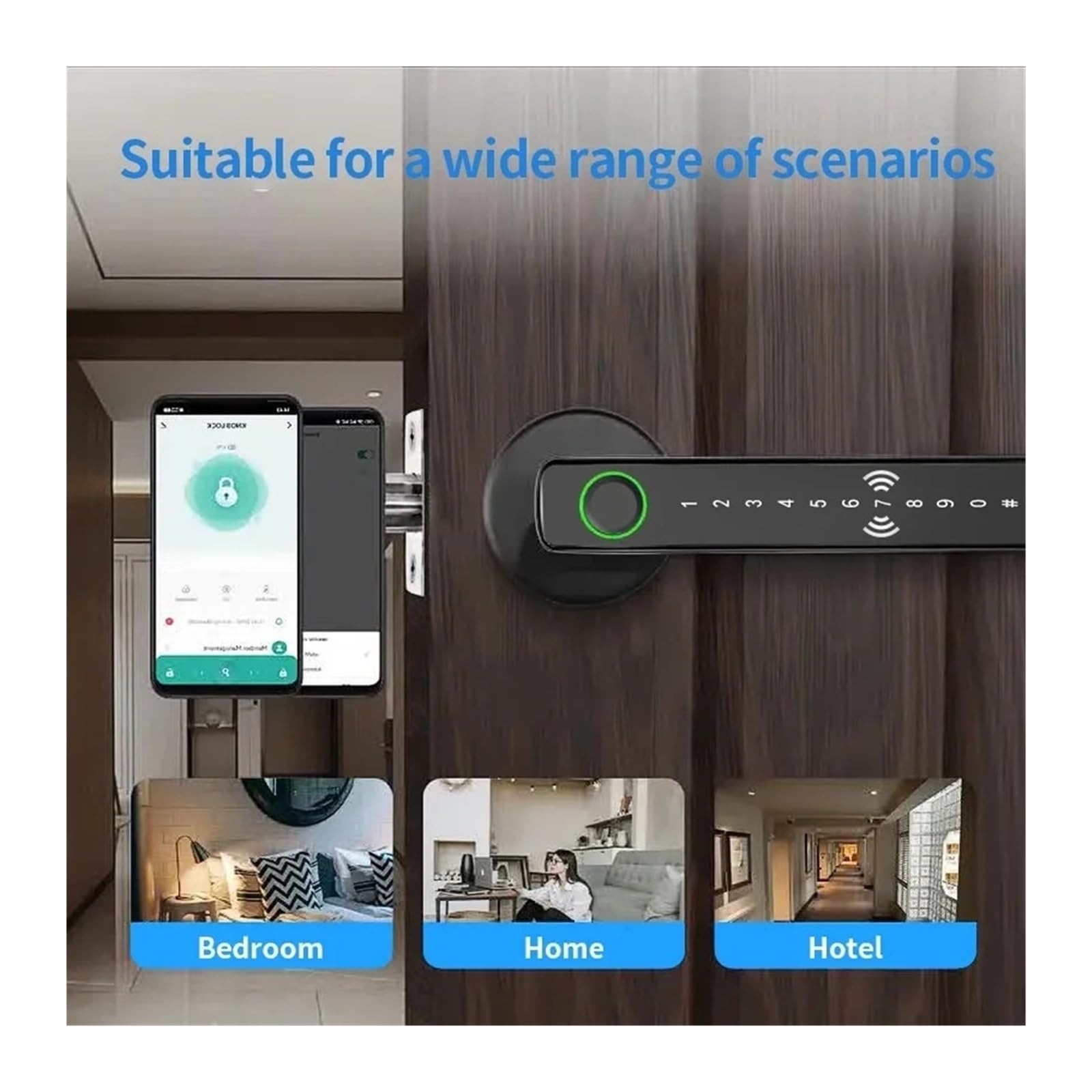 Cerradura inteligente, Cerradura inteligente con huella dactilar for interiores, electrónica, contraseña, llave y Bluetooth, for baño dormitorio(Nero)
