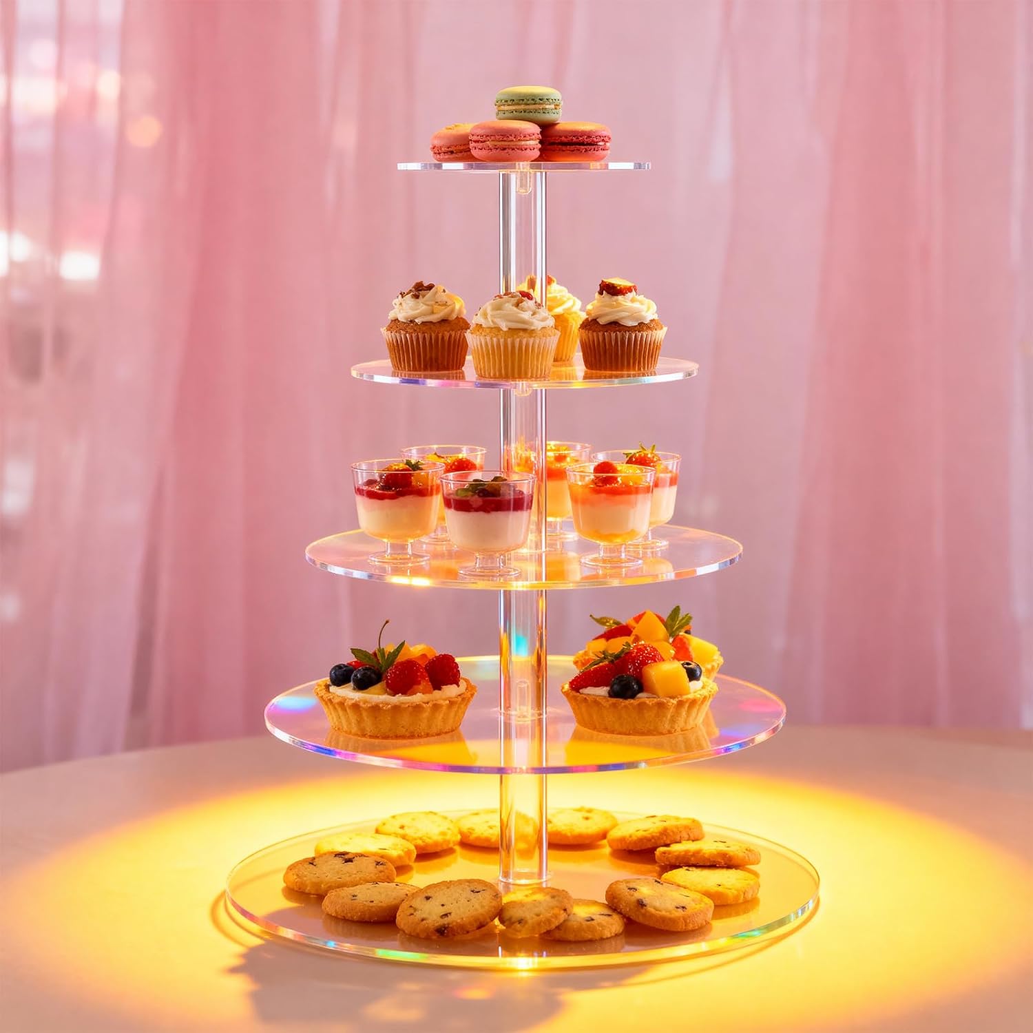 Cupcake Stand 5 Tier Acrylic Round Cup Cake Tower Boxes | 1 Pcs Clear Holder Tiered Risers, Birthday Wedding Party Decoration Display, Pastry Dessert Serving Shelves Stand