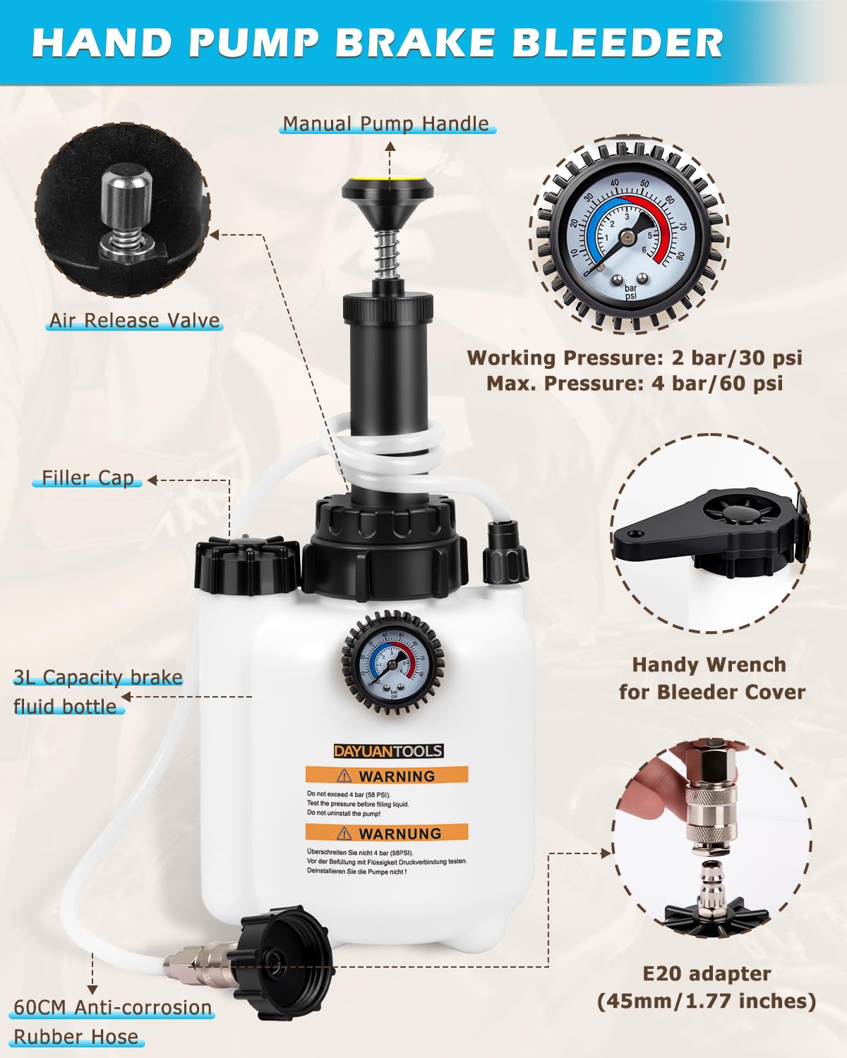 DAYUAN Verbessertes 3L Bremsenentlüftungs-Set, Ein-Personen-Bedienung mit 3L Druckpumpe, 1L Bremsenentlüftungsflasche und 6 verbesserten Adaptern, manuelles Bremsflüssigkeitsentlüftungswerkzeug für