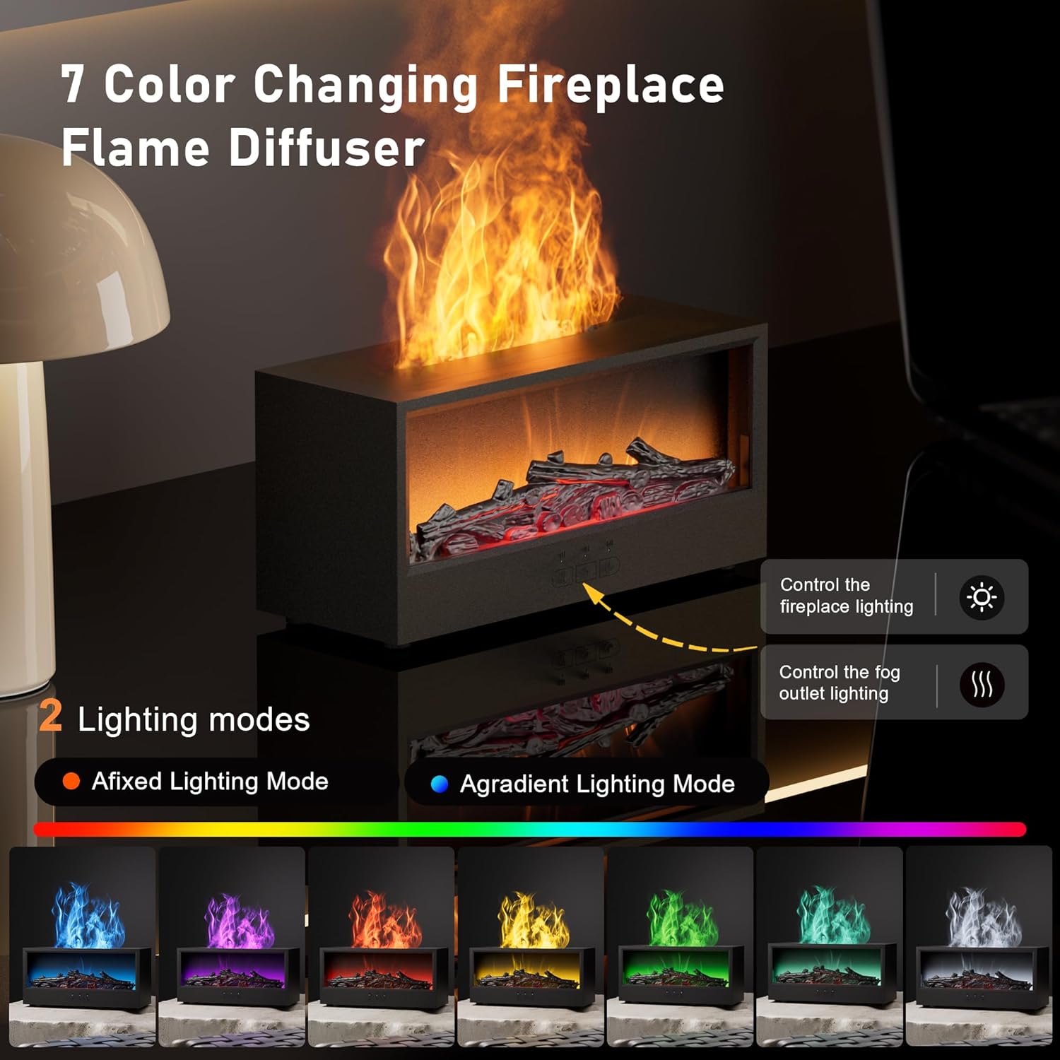 Fireplace Flame Air Diffuser Humidifier,7 Colors Aromatherapy Essential Oil Diffuser, Ultrasonic Aroma Humidifier with Remote Control & Timer for Bedroom, Home, Office, Yoga (Black)