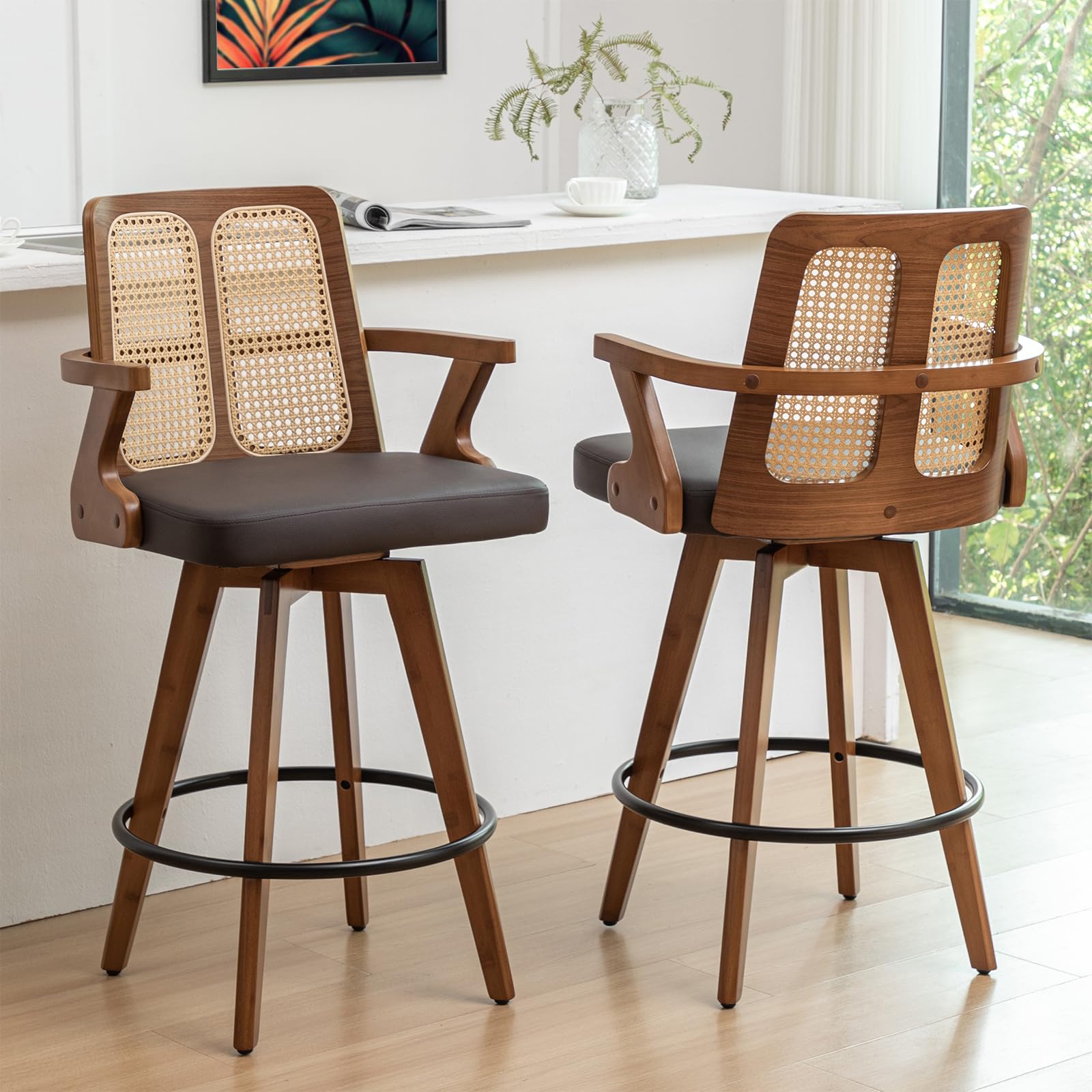 Set of 2 Swivel Counter Height Bar Stools - 27 inch Walnut Counter Stool with Cane Back, Upholstered Seat, Curved Arms, Faux Leather Counter Stools