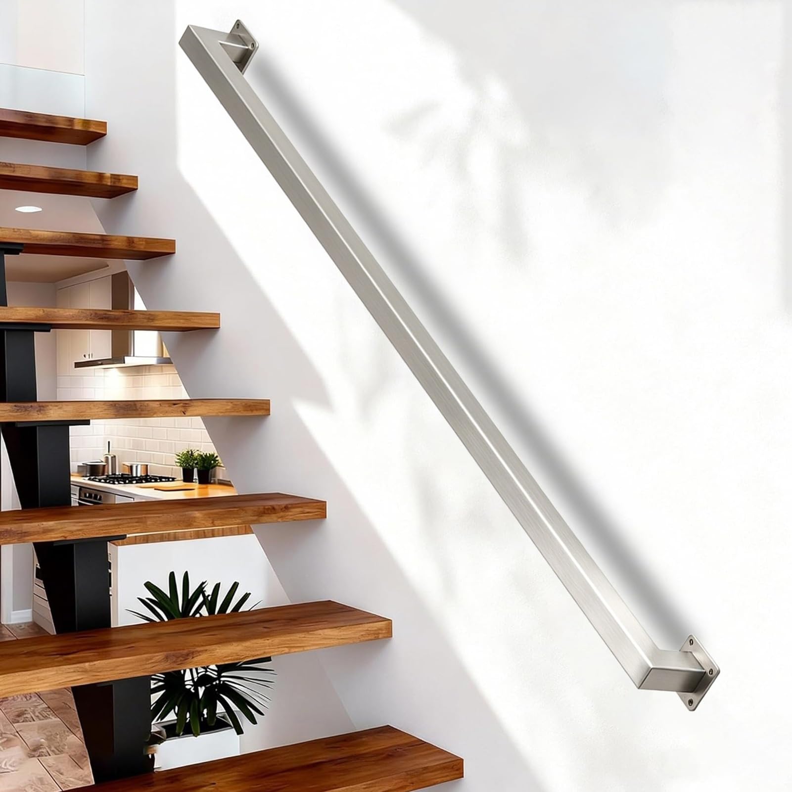 Liyadolaam Women's One Color Modern Stairway Railings，Stair Handrail For Concrete, Brick, Or Wooden Walls Sliver Staircase Banister Hand Rails For Kindergarten/Step/Porch，Square Pipe Design(14Ft/420Cm)