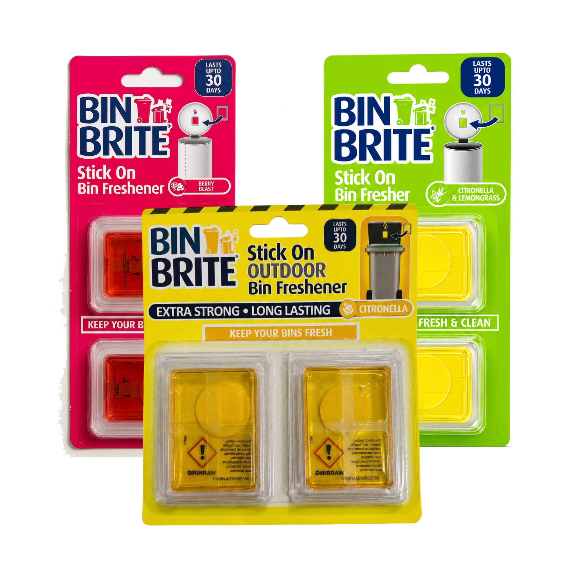 3 x Bin Brite Stick On Bin Freshener 2 Pack | Lasts Up to 30 Days | Odour Control Bin Freshener | Bin Deodoriser for Kitchen, Household & Outdoor Bins | Citronella, Lemongrass & Berry Blast
