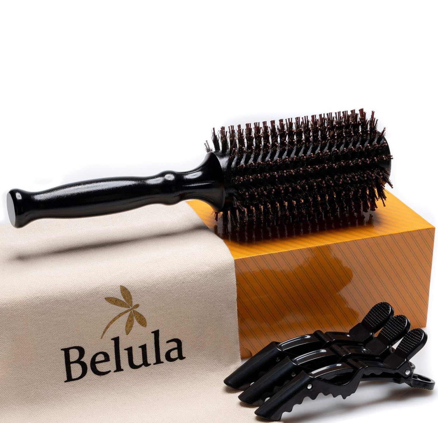 BelulaBoar Bristle Round Brush for Blow Drying Set. Round Hair Brush With Large 2.7” Wooden Barrel. Hairbrush Ideal to Add Volume and Body. Free 3 x Hair Clips & Travel Bag.