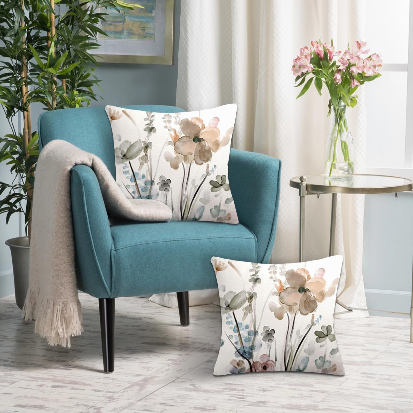 Juego de 2 fundas de almohada florales de 18 x 18 pulgadas, fundas de cojín con diseño de flores de acuarela verde azulado, marrón, crema y gris, fundas decorativas modernas abstractas para 7