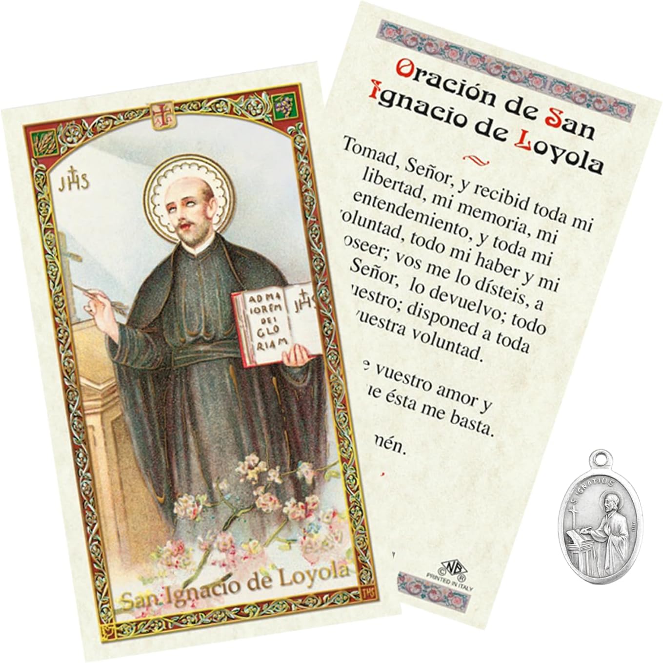 Trendzeen San Ignacio de Loyola Oracion - Saint Ignatius de Loyola Medalla - Spanish St Ignatius Loyola Prayer Card and Pendant Set, Made in Italy - 2 Items