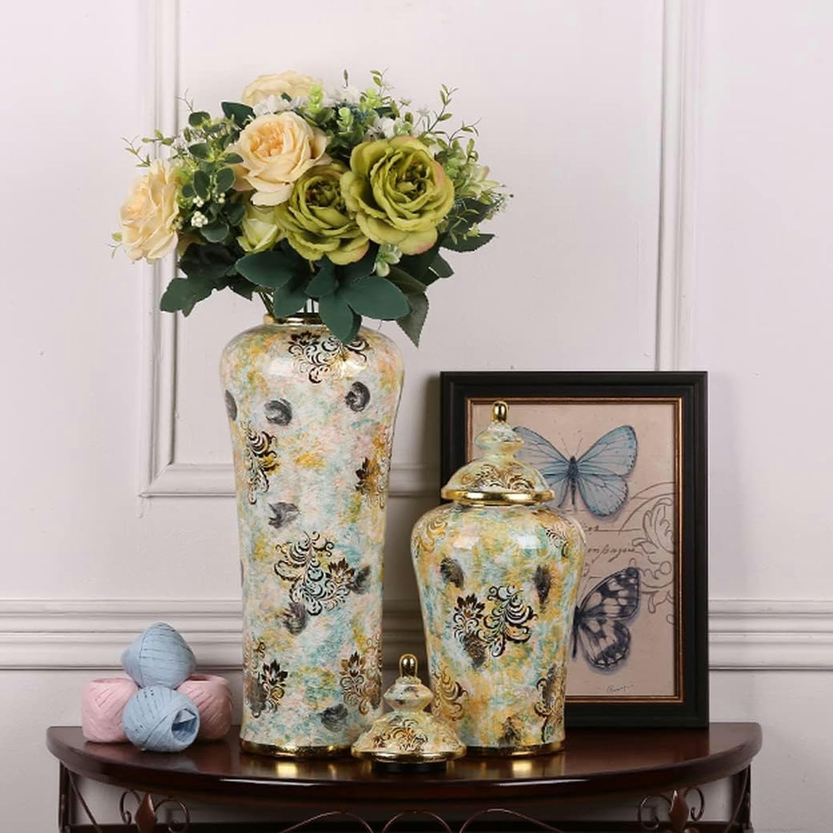 Jarrones De Cerámica Tarro De Jengibre con Tapa para Decoración del Hogar, Jarrón De Templo Dorado, Porcelana Tradicional China, Grandes Floreros Secos, Decoración para Sala De Estar, Mesa Central