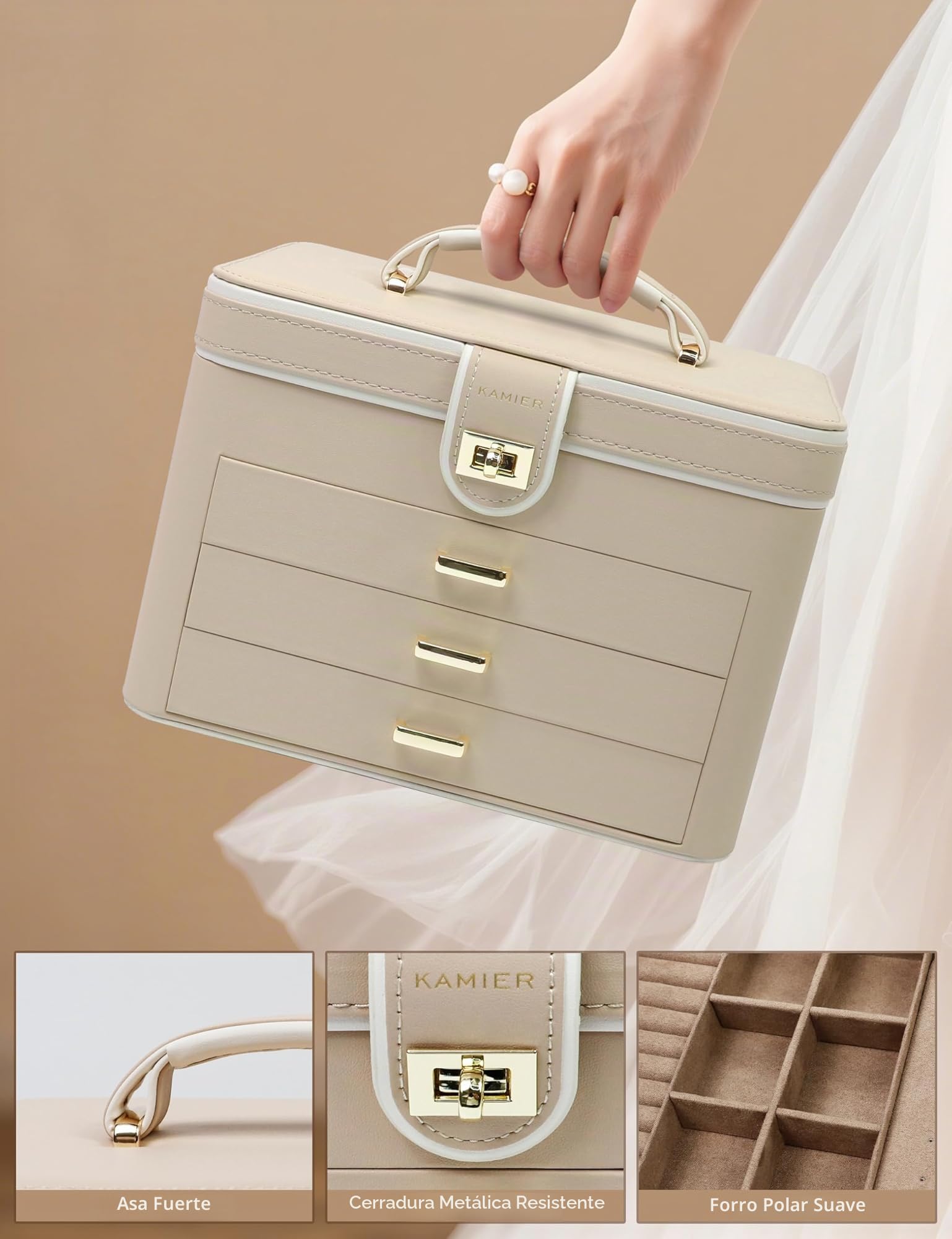 KAMIER Joyero Grande de 4 Niveles, Caja de Joyas con Espejo, Cajones y Cerradura, Piel Sintética, Beige