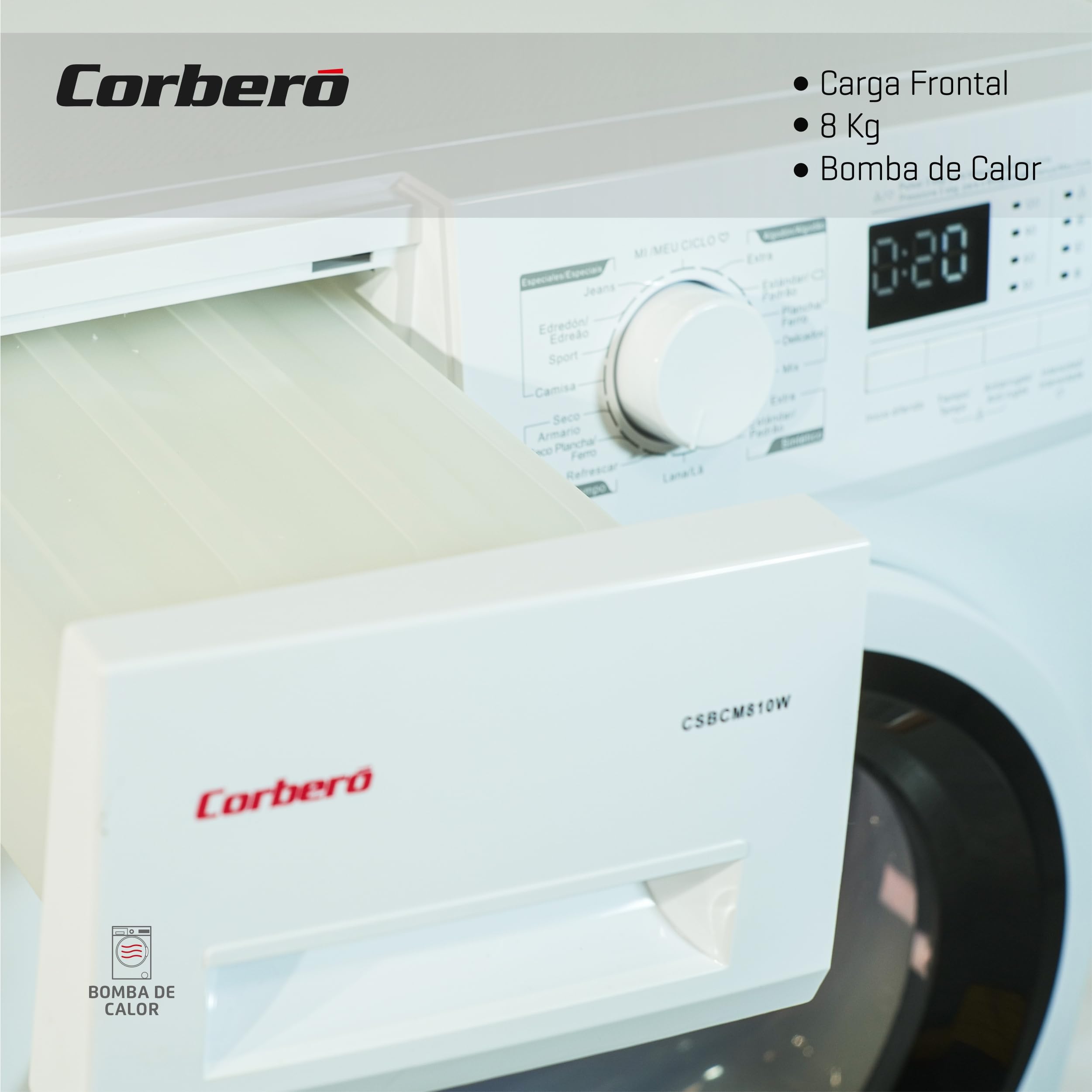 Corberó - Secadora Carga Frontal 8 kg | CSCEM8084W | Condensación | Display LED | 16 Programas | Inicio Diferido | Inicio/Pausa y Antiarrugas | 69dB | E. energética B, Blanco