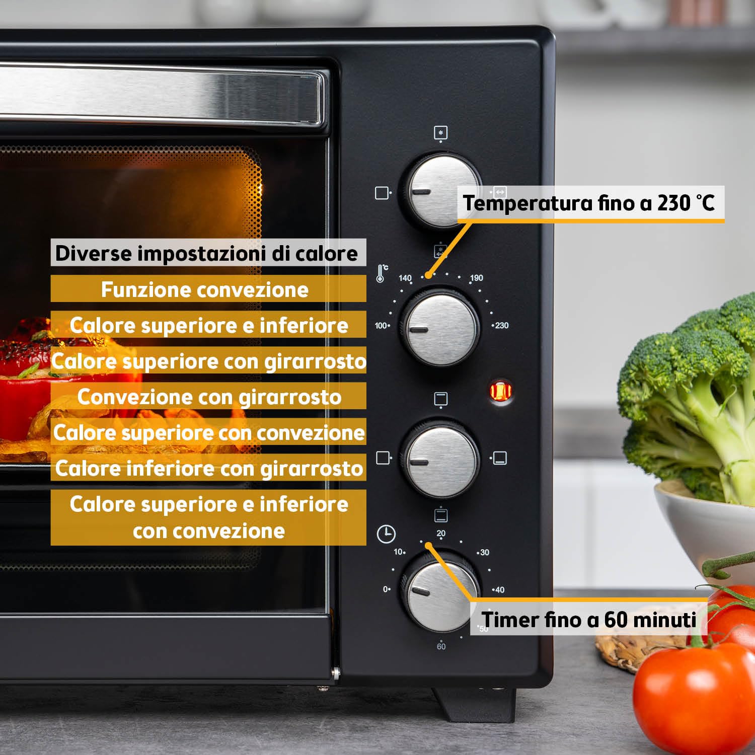 TZS First Austria - Mini Forno 45L 2000W - Fornetto per pizza con temperatura fino a 230°C e rivestimento antiaderente - Con timer di 60 min, 4 altezze di inserimento, teglia, griglia e spiedo rotante