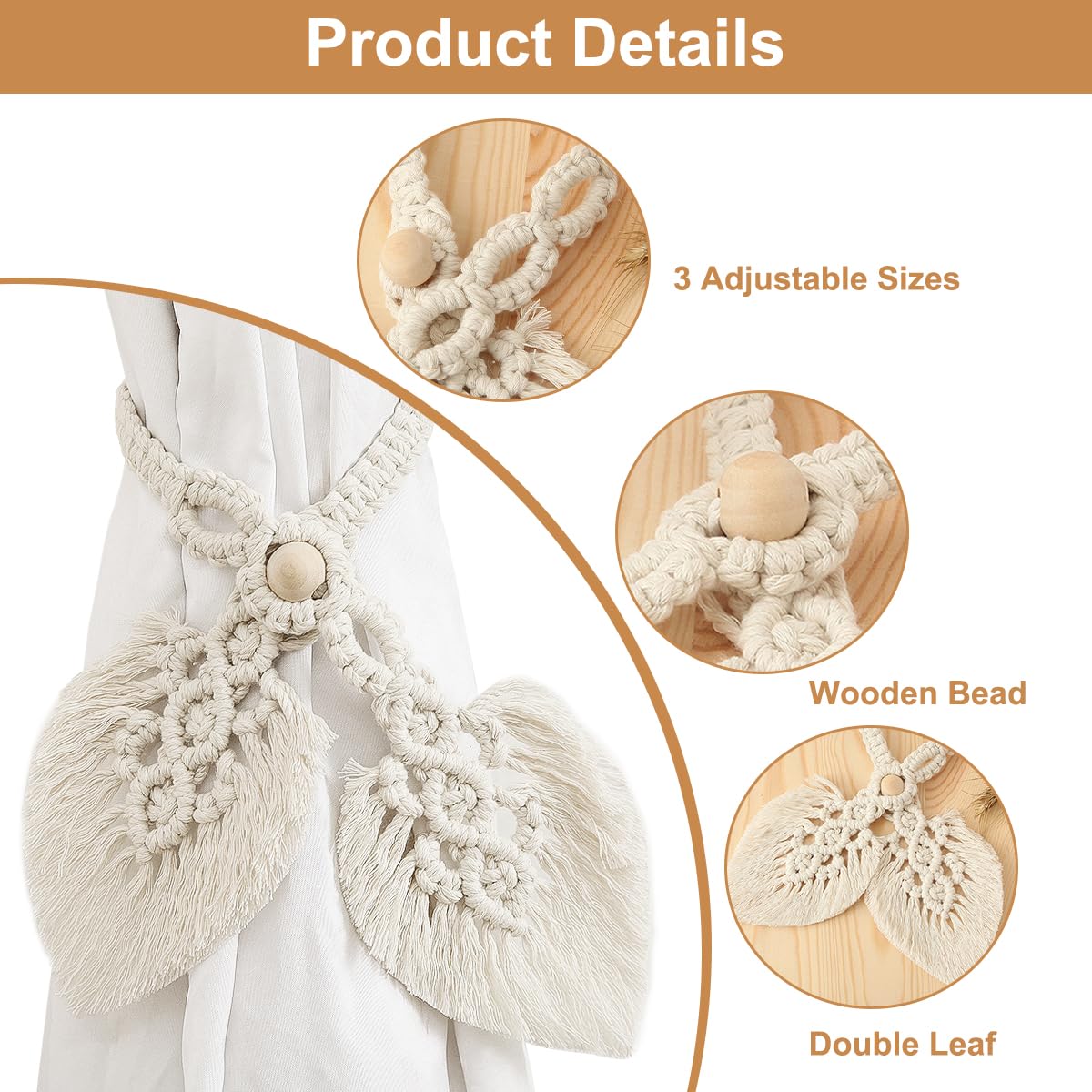 Alzapaños De Cortina De Algodón Beige – 2 Piezas, 75 Cm De Largo – Decoración Nórdica, Sin Herramientas, Para Sala, Dormitorio O Cocina