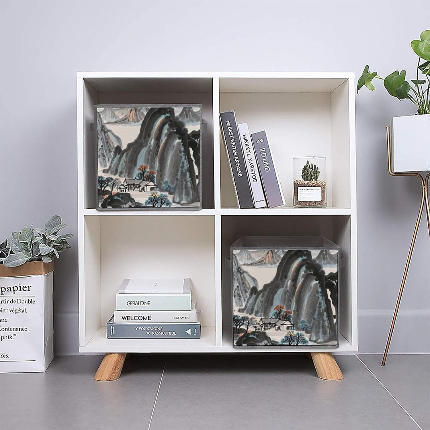 Chinese Landscape Painting Foldable Storage Box with Handles, Durable Oxford Storage Cubes, 2PCS Collapsible Closet Organizer for Home, Shelf, Office, Travel