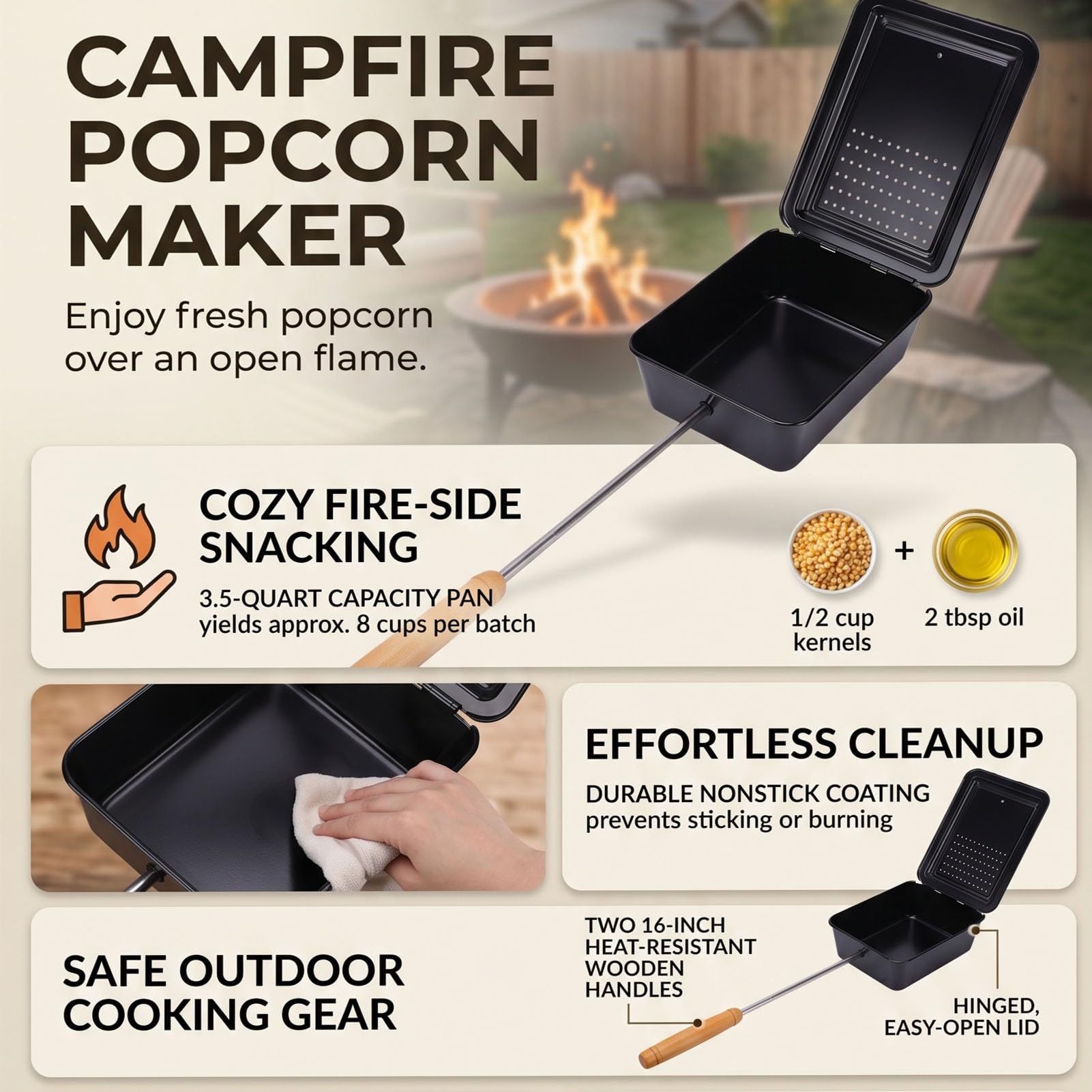 Camping Popcorn Popper Antiadhésif Manche en Bois Foyer Batterie de
